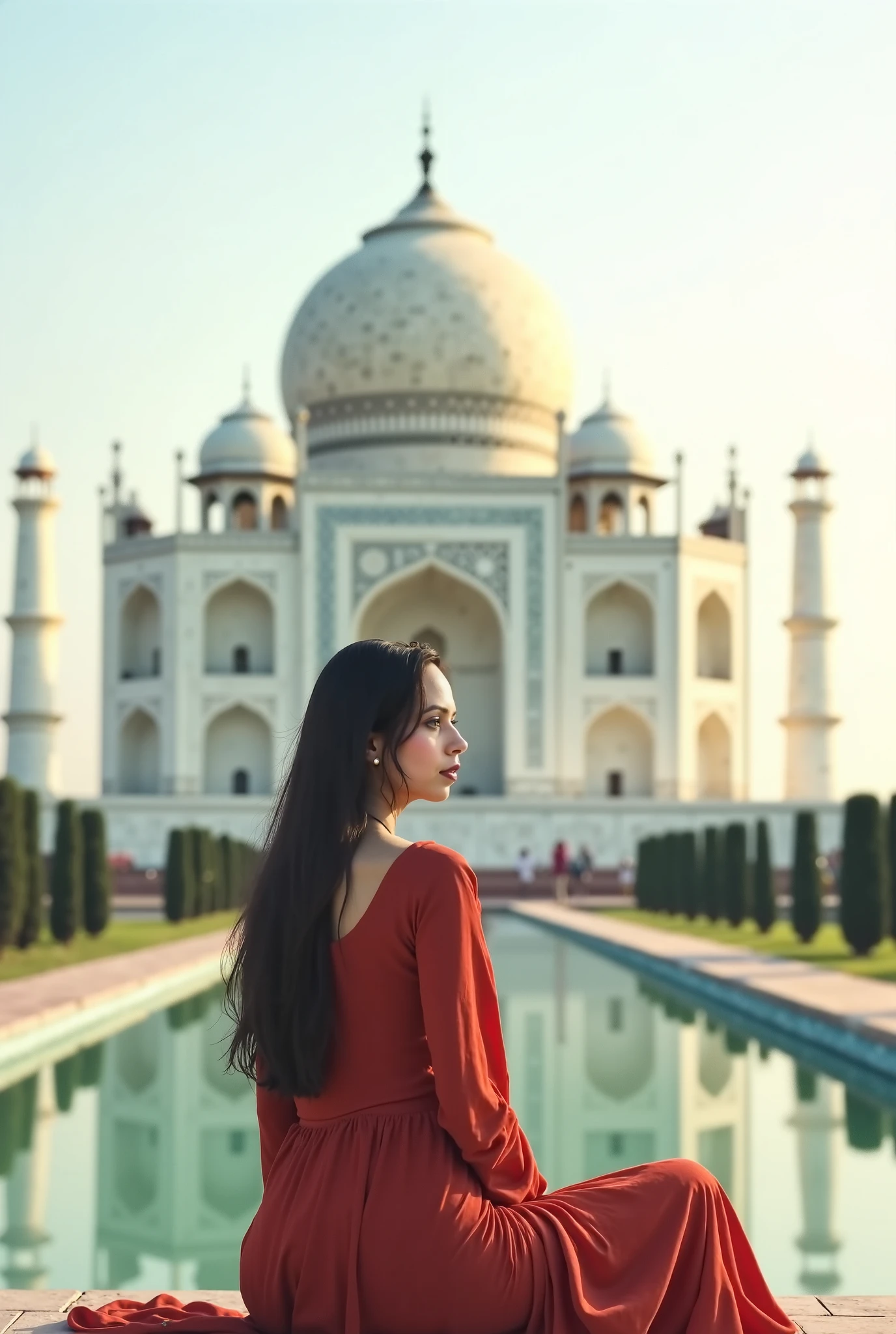 Woman in red dress sitting on a ledge in front of a building - SeaArt AI