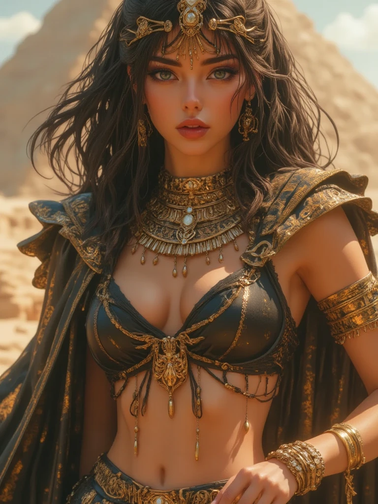 a desert princess, meeting with a foreign diplomatic mission, beautiful detailed eyes, beautiful detailed lips, extremely detailed eyes and face, long eyelashes, ornate headdress, flowing robes, desert landscape, oasis, pyramids, dramatic lighting, vibrant colors, (best quality,4k,8k,highres,masterpiece:1.2),ultra-detailed,(realistic,photorealistic,photo-realistic:1.37),concept art