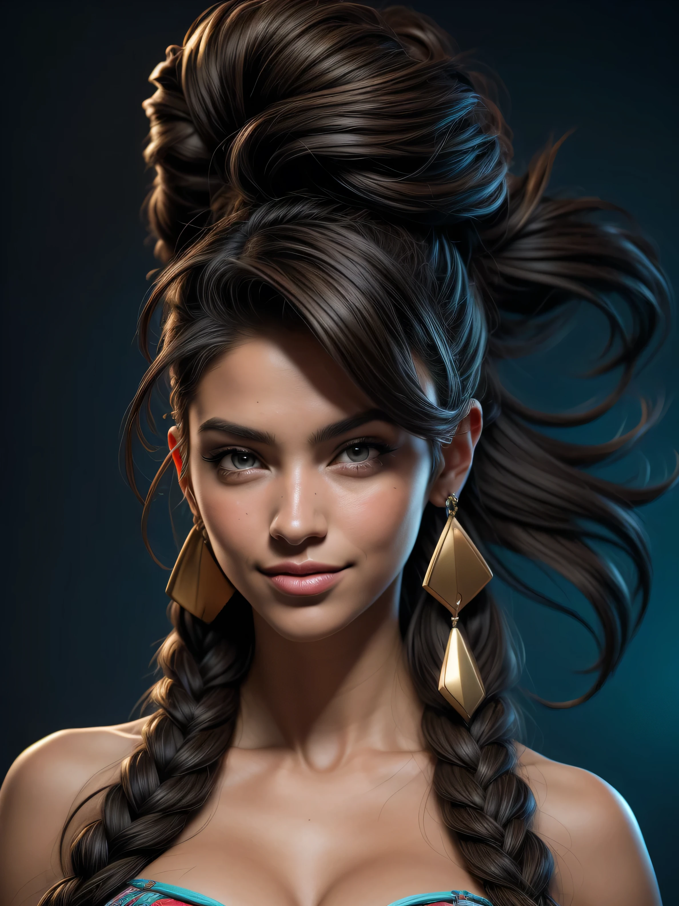Hyper realistic anime style, (3d rendering), shot on Nikon D850, Mexican A beautiful pale-skinned Latina ,[(extremely detailed:1.5)|(matte:1.7)|healthy] human skin, flirty smile, (perfect Natural Tear drop breast 1.7))Breasts naturally fall in a teardrop shape), topless,  eyes blue, full body, perfect body,sharply focused human skin, haircut with two long mohawk braids, mohawk, uses two braids,detailed intricate hair strands, he is 1, brown tanned skin,  (best quality,4k,8k,highres,masterpiece:1.2),ultra-detailed,(realistic,photorealistic,photo-realistic:1.37),HDR,UHD,studio lighting,ultra-fine painting,sharp focus,physically-based rendering,extreme detail description,professional,vivid colors,bokeh,portraiture,glamour,sensual,alluring,wear mexi, in style of Retna, High contrast, sharp focus on character details, Unreal engine 5, Octane render, Organic rendering, 4k, 8k
