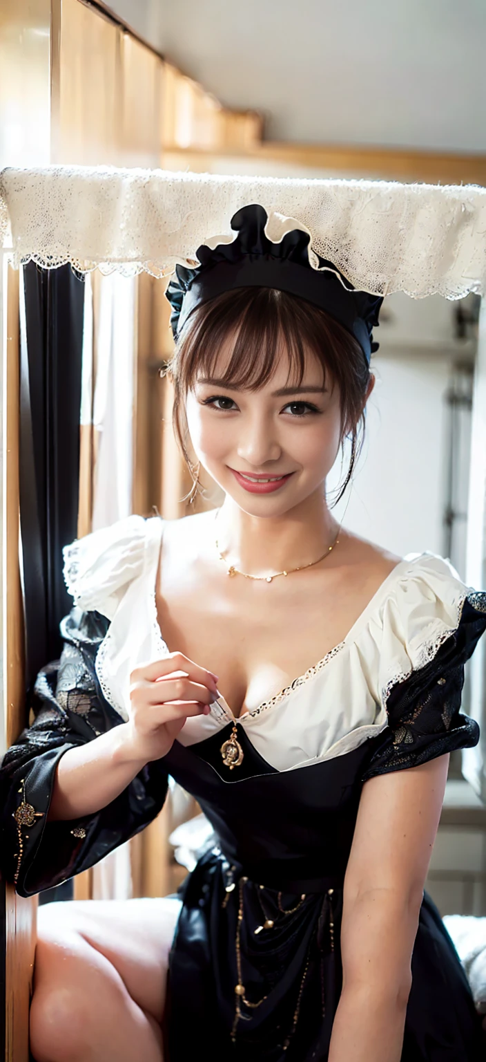 (((highest quality, table top, 超A high resolution、the most complex and detailed depiction、award-winning, 8K、bright and vivid)))、(1 beautiful maid、(gorgeous victorian maid dress、Black and white maid outfit with luxurious long skirt、giant white and black maid outfit、Black and white maid dresses、Black and white maid dresses、with ruffles、Big apron and black and white maid outfit)、((The background is the luxurious Royal VIP Room.、Black and Gold Gothic Royal、luxury bed、huge bed、Complete interior of luxury royal bedroom、dress with jewels、Bejeweled dresses、Luxury beyond imagination、Inside the Royal Palace、 a room decorated with many ornaments,、ornate decoration、bright light、luxury decoration、Beautiful canopy、Huge canopy、luxurious and intricate canopy bed、Very complex and detailed background、highly complex and detailed textures))、(look at me and smile、The happiest smile、emphasize body line)、(bust bigger than face:1.95),((Very precise and accurate anatomy))
