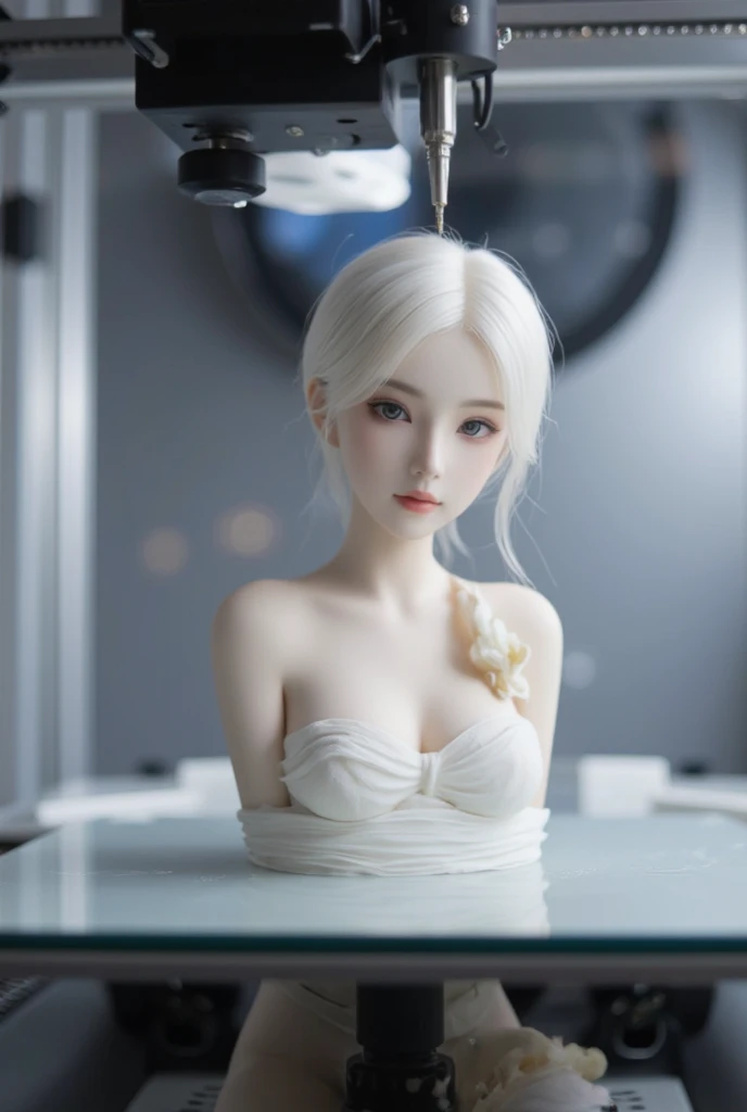 (RAW photo, best quality), (realistic, photo-realistic:1.2), 1girl, high quality, (high detailed skin:1.4), gorgeous hair, (dark room:1.3), (rim lighting:1.3), (dimly lit:1.3), (dark night:1.3), indoors, portrait, white hair, dark background, short hair, topless, medium breasts, nipples,