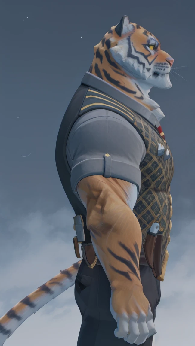 oscar, , muscular, wearing a sleeveless t-shirt, black pants , happy, yellow eyes, body blow, 8k high definition, seductive look , full body, brown shoes , tiger tail, Right in profile looking up at the sky , sky blue background , full body, full body, seductive look