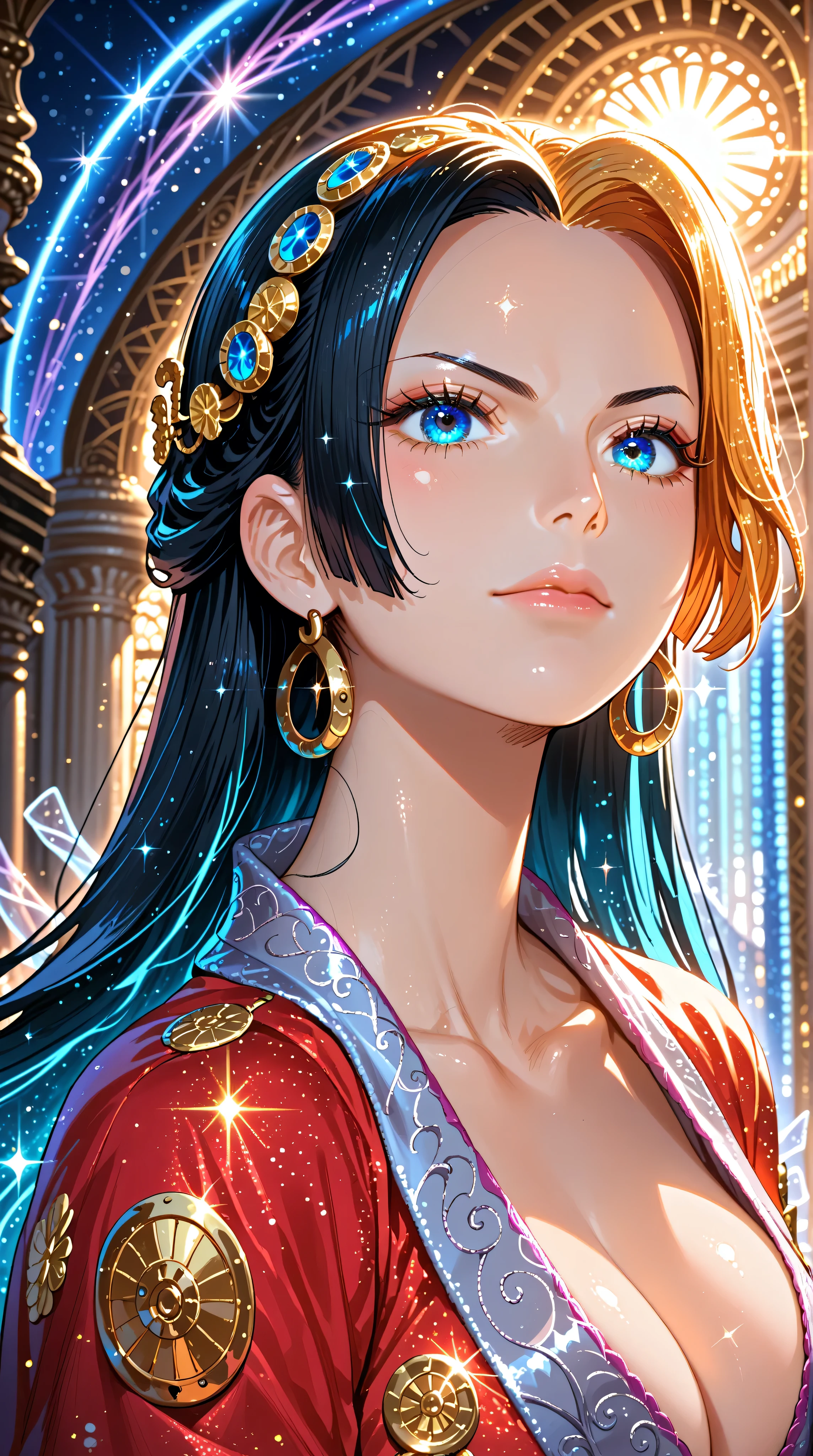 petite japanese girl, boa hancock, one piece, black hair, blue eyes, detailed coloring, detailed high quality, chromatic aberrations, ultra detailed quality skin, detailed ray tracing lighting, huge breasts, ulzzang, cleavage, portrait, metallic gold background, ((backlit)), ((luminescence)), ((ethereal)), (anime), manga, sexy, sparkles, ((Glitter Dust)), dynamic shadows, masterpiece, bright colors, Shimmers, clear details, dynamic angles, dynamic pose, (eyes looking to one side), facing viewer,