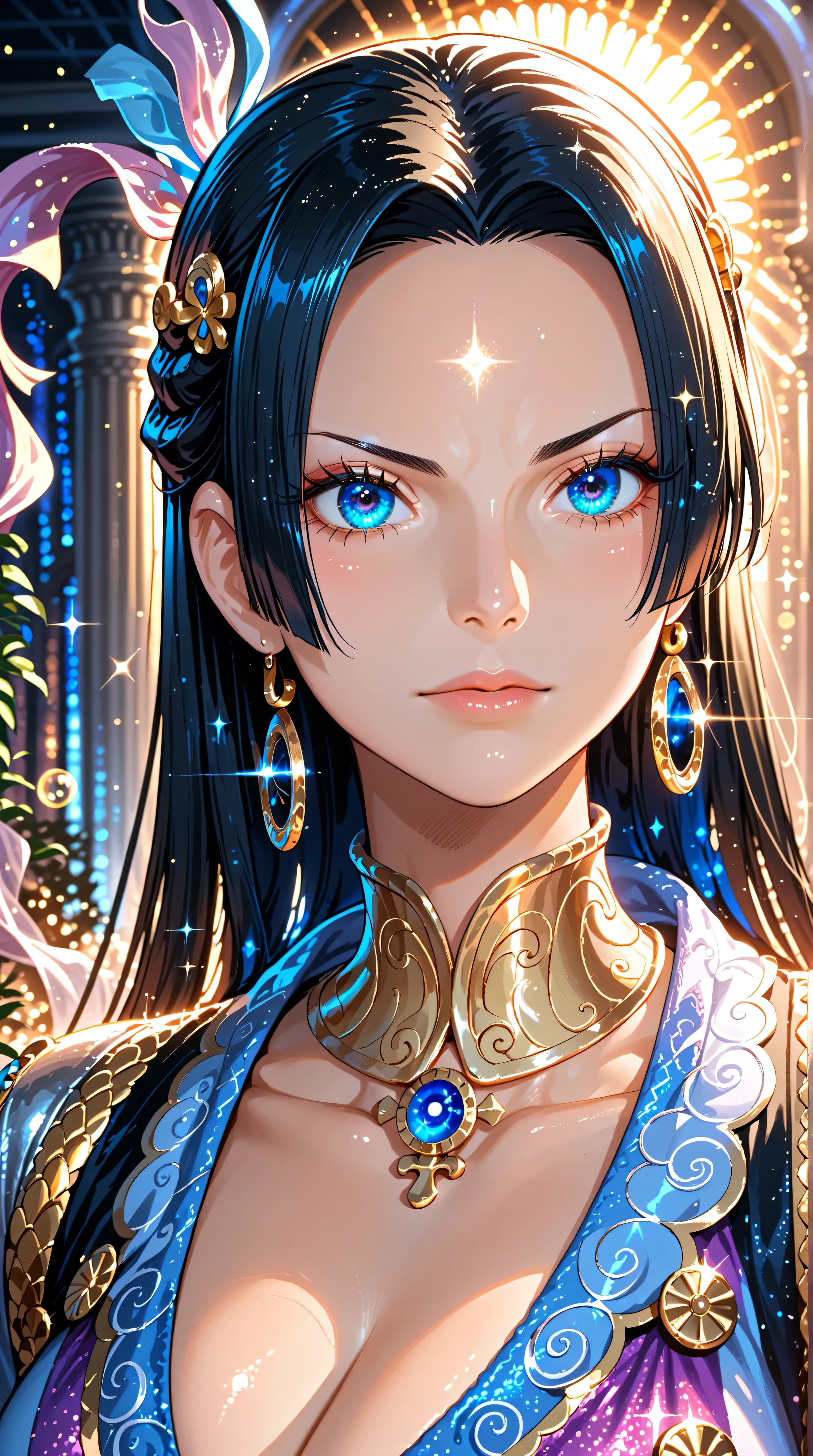 petite japanese girl, boa hancock, one piece, black hair, blue eyes, detailed coloring, detailed high quality, chromatic aberrations, ultra detailed quality skin, detailed ray tracing lighting, huge breasts, ulzzang, cleavage, portrait, metallic gold background, ((backlit)), ((luminescence)), ((ethereal)), (anime), manga, sexy, sparkles, ((Glitter Dust)), dynamic shadows, masterpiece, bright colors, Shimmers, clear details, dynamic angles, dynamic pose, (eyes looking to one side), facing viewer,