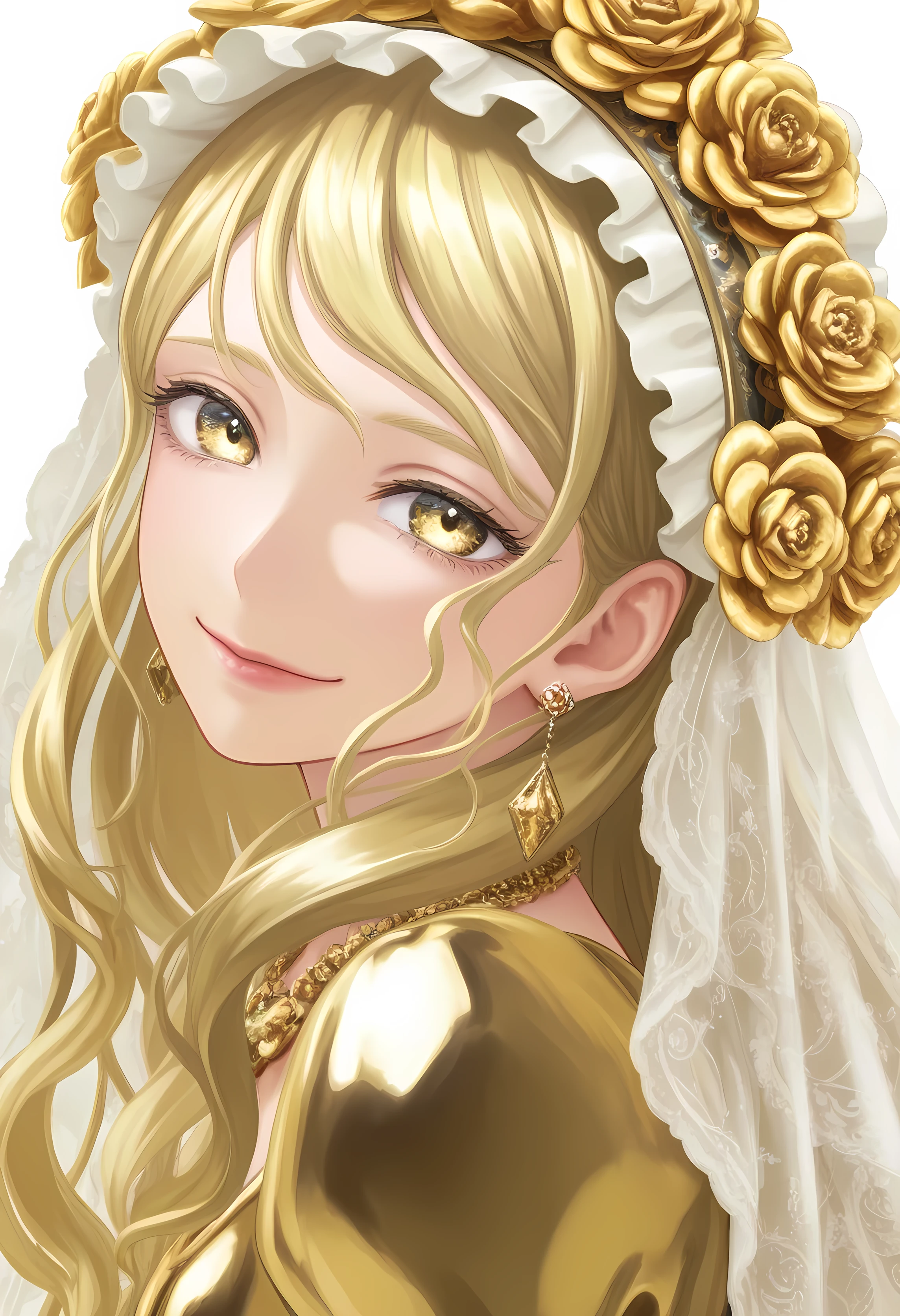 rainbow, One Girl, alone,So cute, Long Hair, Show Viewer, Eyes, Background, White Background, jewelry, Mouth closed, Upper Body, Golden Hair, Earrings, Gold Eyes, necklace, From the side, lips, eyelash, Compensate, Wavy Hair, Earrings, lipstick, 耳のEarrings, eye shadow, diamond Earrings, ピンクのlips, eyes, Golden Theme, , ピンクのeye shadow, pretty necklace , silver, shining gold eyes, gold, shining, ethereal, goodness, shining,veil, golden dress, many gold flower details , golden flower hair accessories , gold under eyes, make up, golden make up, Golden eyes, emotion, smiling , not tired eyes, happy