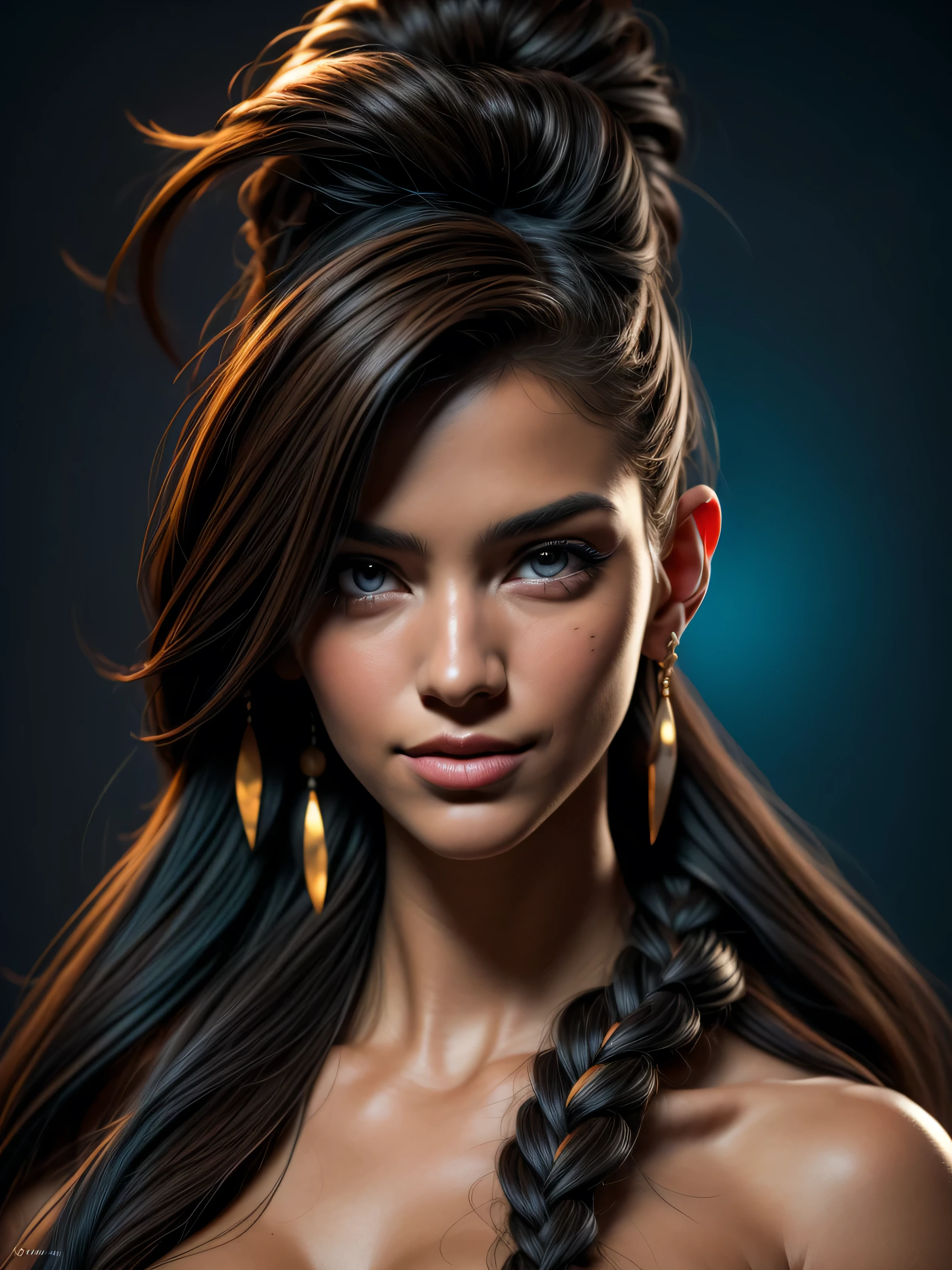 Hyper realistic anime style, (3d rendering), shot on Nikon D850, Mexican A beautiful pale-skinned Latina ,[(extremely detailed:1.5)|(matte:1.7)|healthy] human skin, flirty smile, (perfect Natural Tear drop breast 1.7))Breasts naturally fall in a teardrop shape), topless,  eyes blue, full body, perfect body,sharply focused human skin, haircut with two long mohawk braids, mohawk, uses two braids,detailed intricate hair strands, he is 1, brown tanned skin,  (best quality,4k,8k,highres,masterpiece:1.2),ultra-detailed,(realistic,photorealistic,photo-realistic:1.37),HDR,UHD,studio lighting,ultra-fine painting,sharp focus,physically-based rendering,extreme detail description,professional,vivid colors,bokeh,portraiture,glamour,sensual,alluring,wear mexi, in style of Retna, High contrast, sharp focus on character details, Unreal engine 5, Octane render, Organic rendering, 4k, 8k
