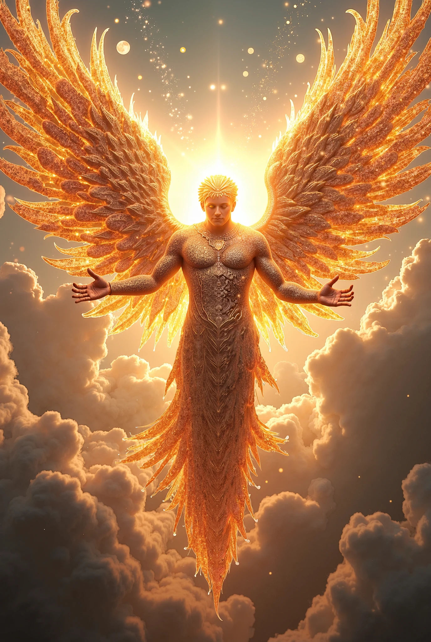 White feathered phoenix, with defined human torso, golden wings, bright yellow eyes, long tail with white and yellow feathers, quality 8k.