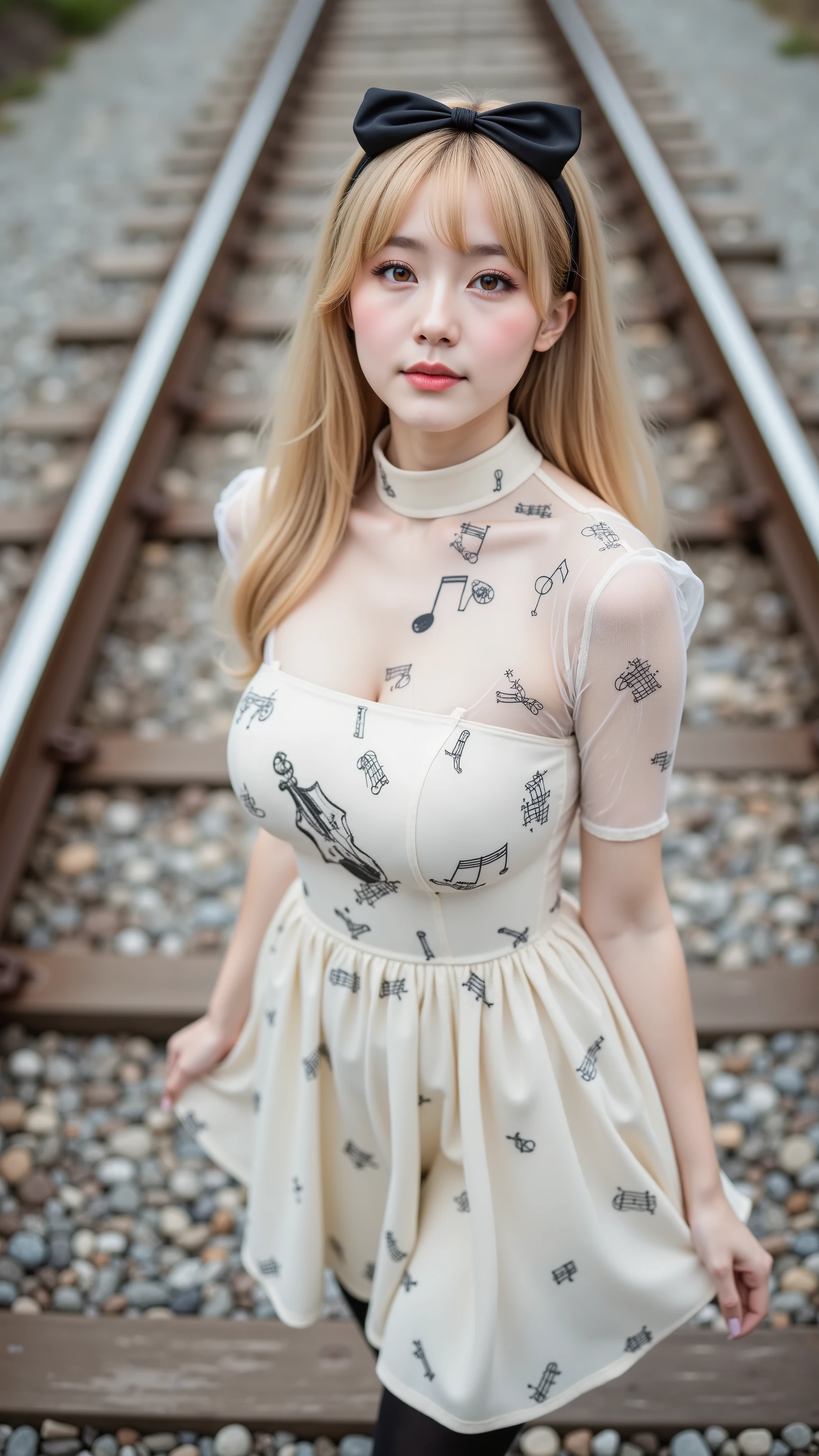 32k, Masterpiece, Top Quality, (Korea's Beautiful Women) high-angle, blonde curls, black bow headband, off-white dress, black musical notes, violin print, sheer sleeves, fitted bodice, full skirt, black tights, white socks, neutral expression, railway track, gravel, wooden sleepers, overcast lighting