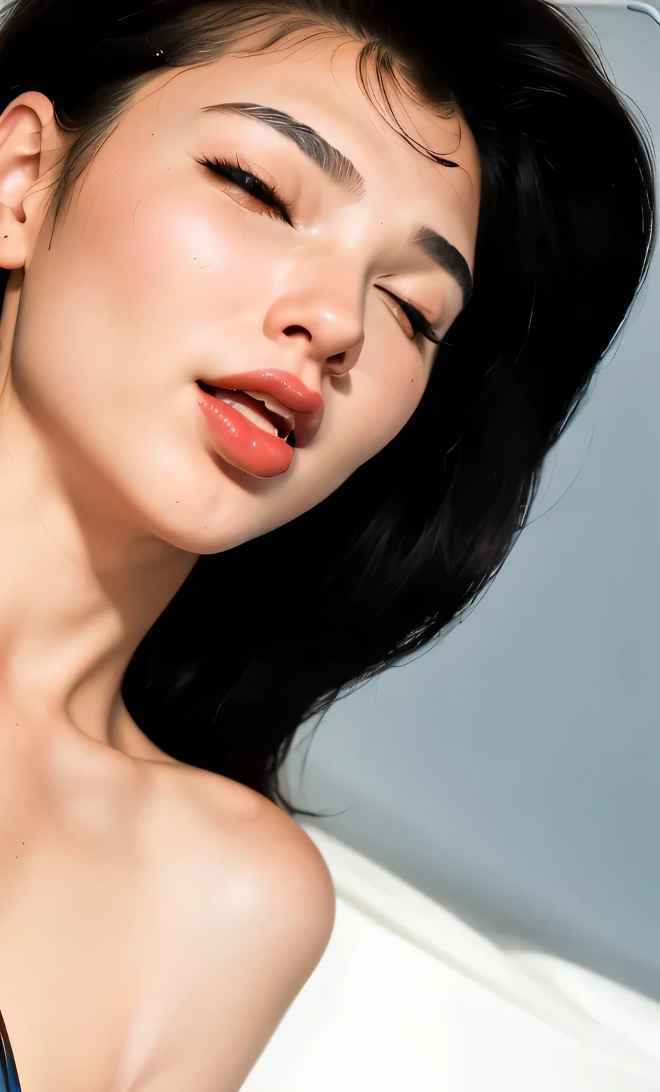 (best quality, masterpiece:1.2) 1girl woman in her 40 years, long black hair, wonderwoman as gal gadot, frown, (hard tightly closed eyes:1.5), red lipstick, wide open mouth, realistic, detailed face expression, intense pleasure expression, orgasm expression, open mouth closed eyes pleasure expression, bliss Ecstasy expression
