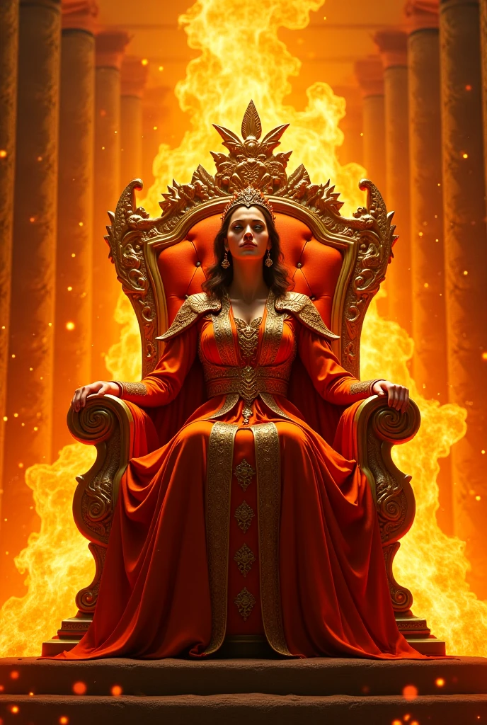icture of a fire queen sitting on her fiery throne, a (fire queen: 1.2) wearing white dress, royal dress, glamorous dress, dynamic hair, she wear a crown, bold intense eyes, extremely exquisite beautiful queen, perfect body, (anatomically correct: 1.3), ultra feminine, ultra detailed face, red lips, fiery glowing eyes, she sits on a (fiery throne: 1.3) of magic, and might, throne carved from basalt, legendary symmetric design, with (many carvings in the marble: 1.3), (lava veins in the basalt and on the handles, decorated with rubies, and opal gems, goddess of fire fantasy hall room background, (masterpiece: 1.4) intense details, highly detailed, photorealistic, best quality, highres,16k, [ultra detailed], masterpiece, best quality, (extremely detailed), close up, ultra wide shot, photorealistic, RAW, fantasy art, dnd art, fantasy art, realistic art,((best quality)), ((masterpiece)), (detailed: 1.5), ral-ntrgmstn, faize