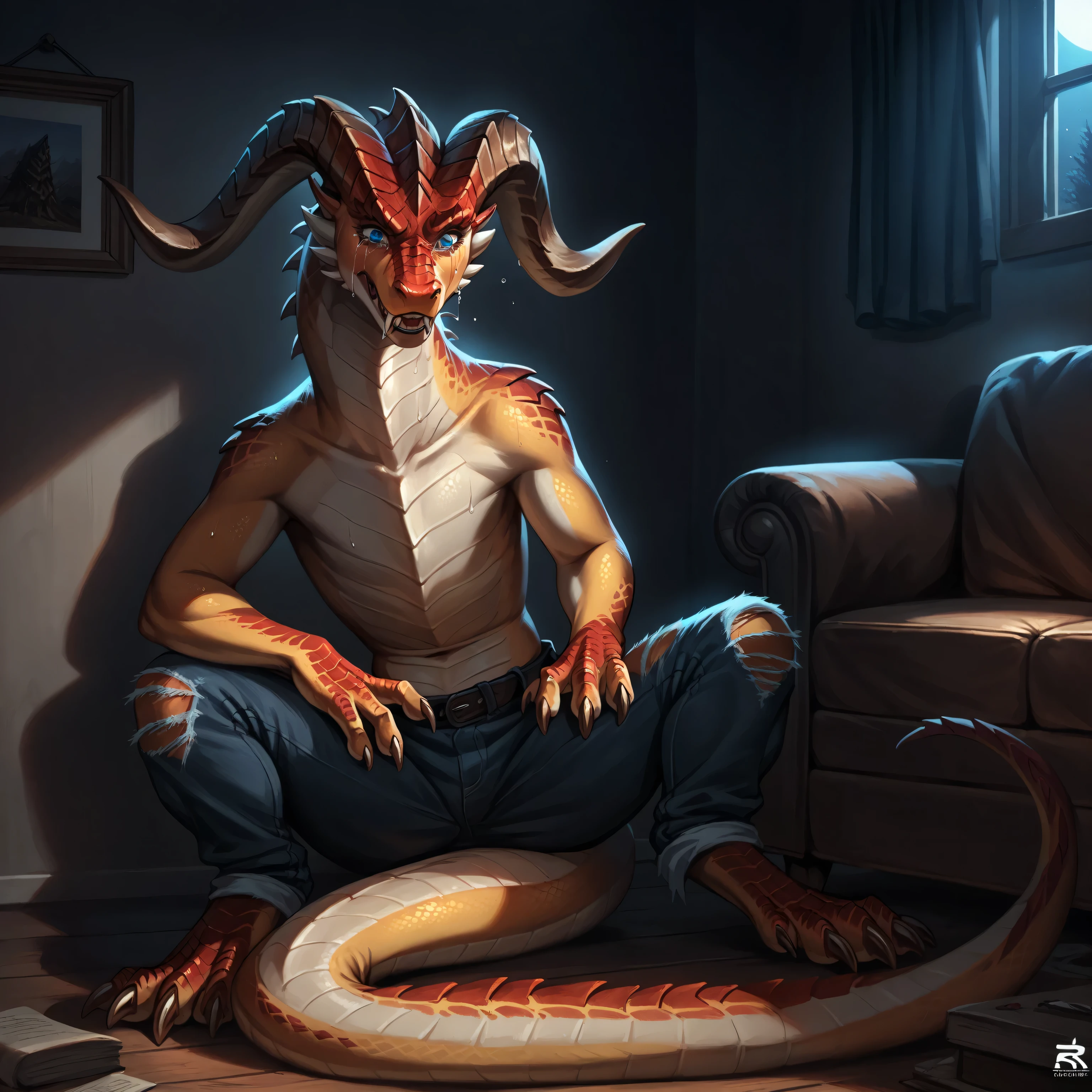 Feral dragon:1.2, female, dynamic pose, hard breathing, blue eyes, red big horns, blood,  bare, serpent, dragon nose:1.3, dragon head, dragon: 1.1, gradual yellow and orange scales:1.2, detailed scales:1.3, long brown claws, detailed fangs, sweating,:0.9 puzzled:0.9 confused:0.9, exhausted,  tears, crying, in pain:1.1, living room, against a wall, darkness, night,(realistic, super realistic, deep shades, dramatic light, glimpse of light, old photo, 4k, 8k, ultra detailed, masterpiece)