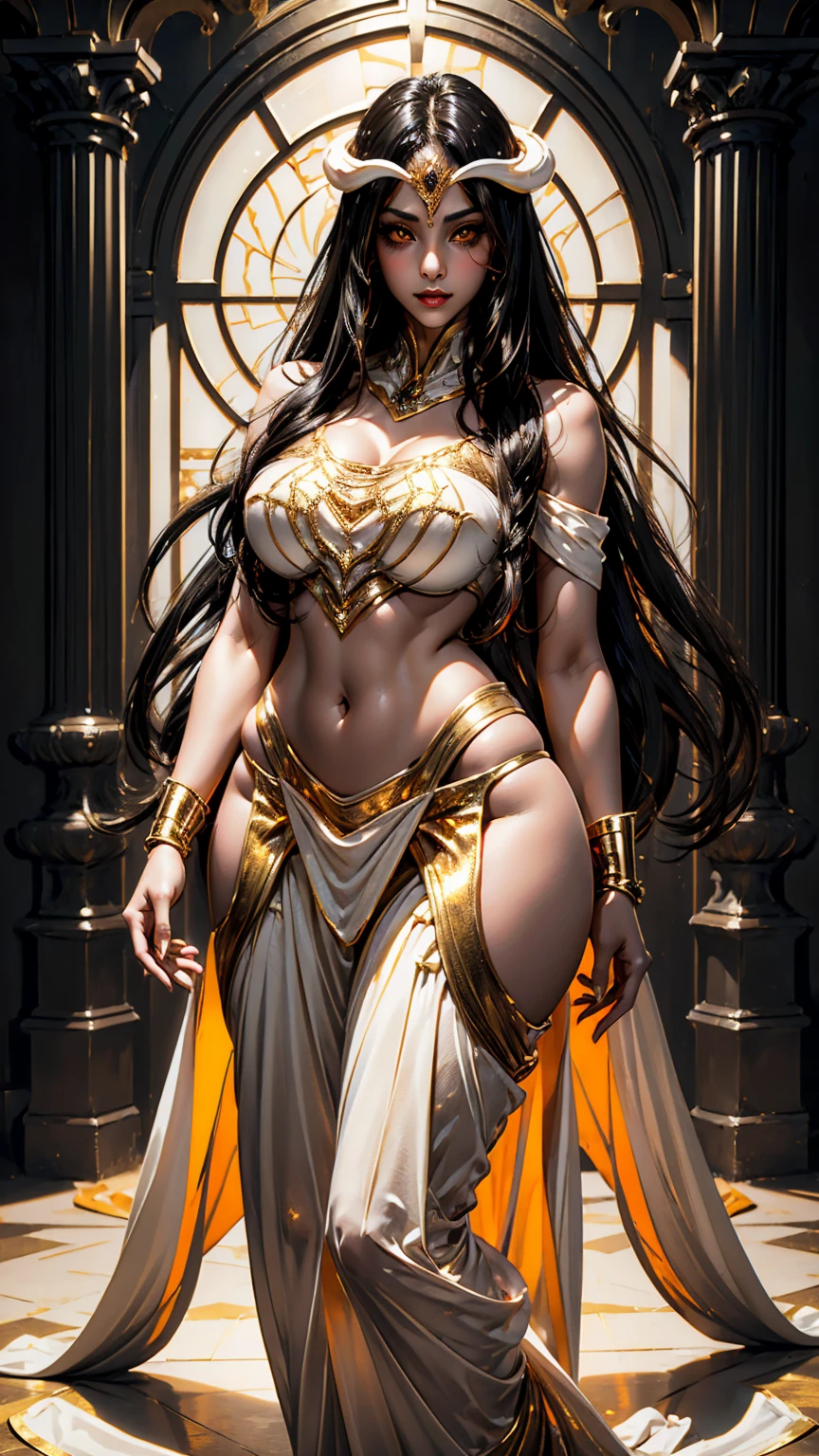 best quality, nsfw, extremely beautiful, long wavy dark hair, (Woman Dark : 1.1), (Egyptian queen:1.1) pharoah, (Shiny skin : 1.5), black and gold sari dress, deep neckline, curvy hips, Wka, squatting with legs spread wide open 