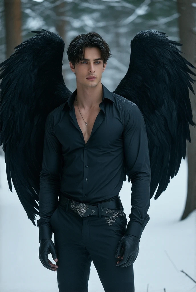 ((masterpiece)),((bestquality)),8k, high detailed, ultra-detailed, Stylish Pose, real skin texture, cinematic lighting, 21 year old male model, black demon maleficent style horns, white pale skin, blue eyes, short brown messy hair, strong jawline, masculine, defined fit body, hairless chest, prince aesthetic. gothic architecture, black massive huge angel wings, wearing nothing, completely naked, showing huge male genitalia , frontage, dim light, a little bit dark atmosphere, backlight.