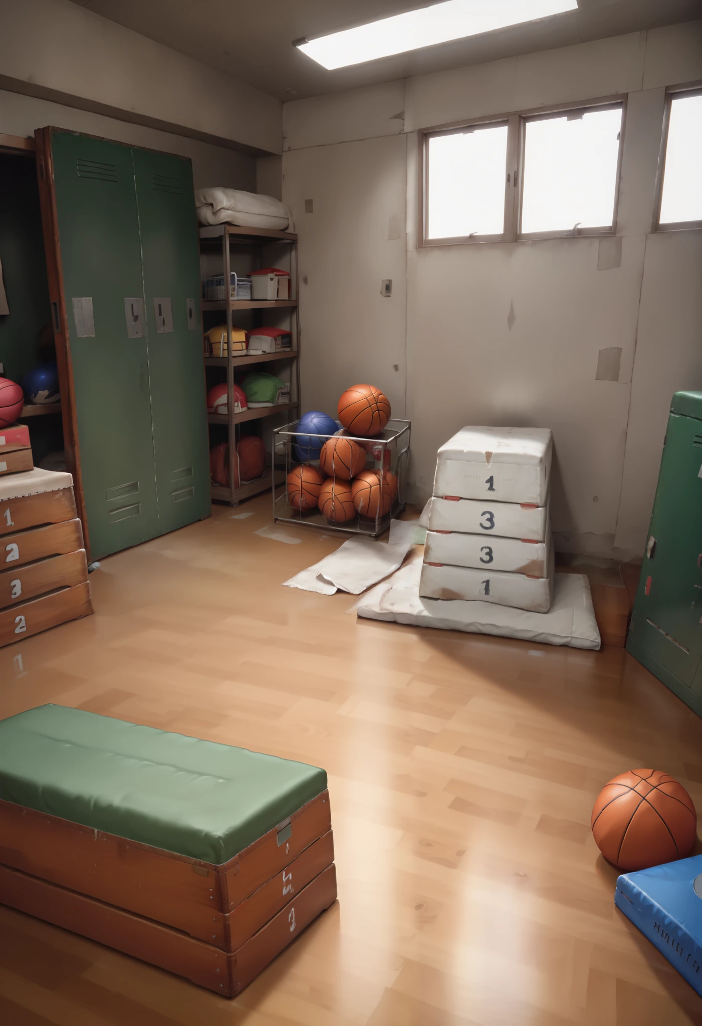 score_9, score_8_up, score_7_up, source_anime,  BREAK , (indoors, abandoned, old, messy, shabby, narrow, small space, taikusouko, vaulting box:1.15, gymnastics mat, scenery, ceramic floor, window, shelf, box, ball, basketball, gym storeroom, locker, dark atmosphere:1.35, dark interior:1.35, dark indoors), (Underexpose Lighting:1.35), 