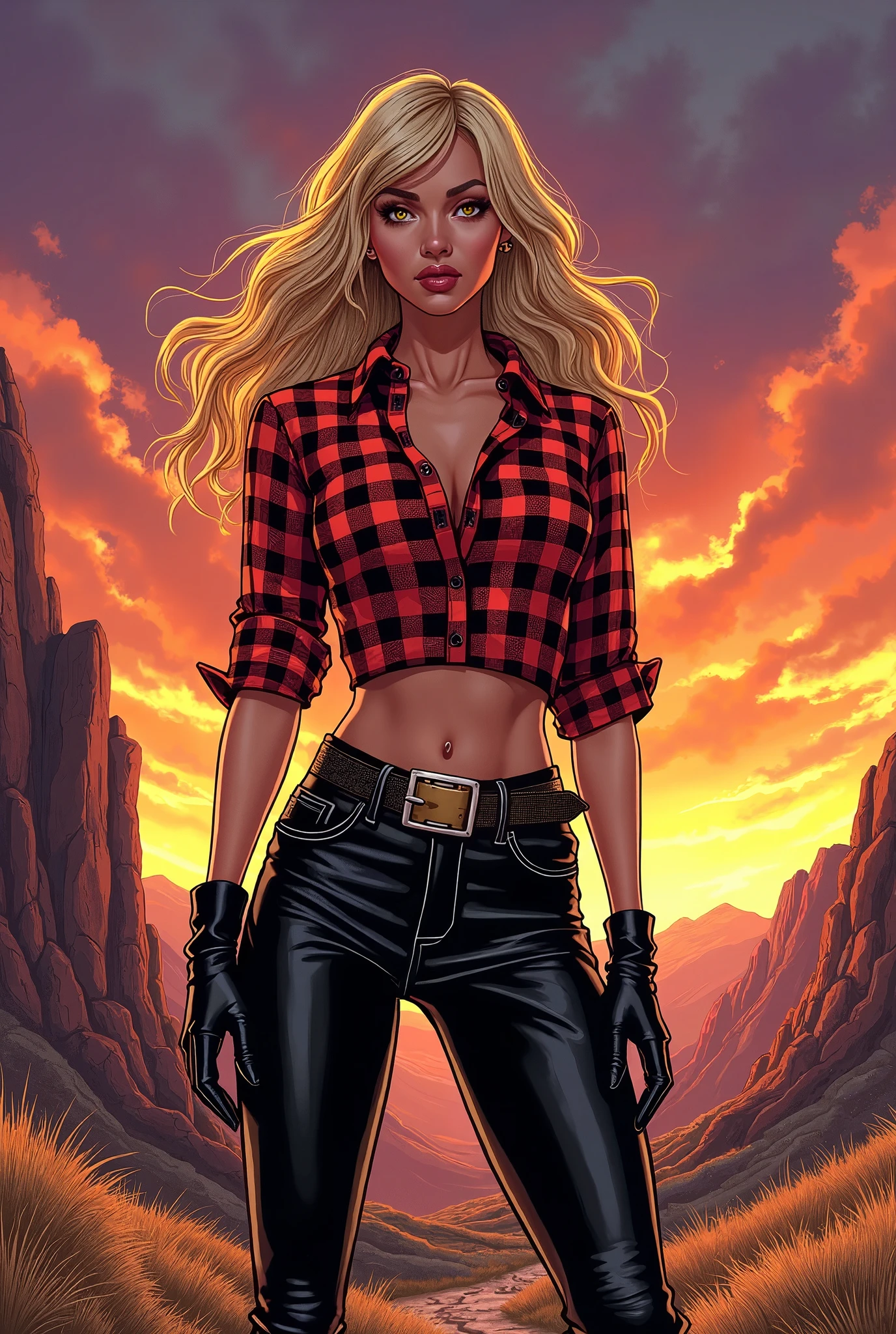 Caucasian woman, green eyes, blonde hair, wavy hair, long hair, athletic body, (((torn black shorts))), (((open fly))), (((open zipper))), (((topless ))), (((black jacket))), (((torn jacket))), walking along an unpopulated path, vegetation, dry trees, (((wound in right leg))), barefoot, (((darkness) )), no people, no objects in hands, hand on belly, eyes shining in the dark, side shot.