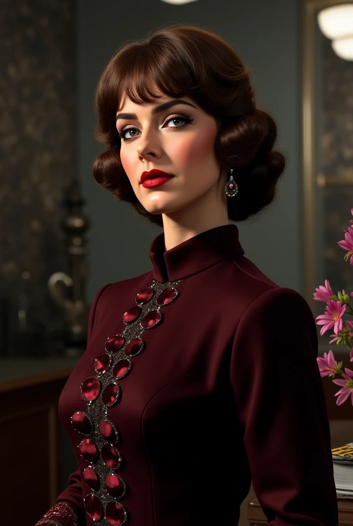 Foto de uma bela mulher de pele branca de 27 anos com cabelo preto altamente detalhado na altura dos ombros com um penteado detalhado dos anos 1940, olhos azuis com uma suave tonalidade azul claro,olhar penetrante, olhar intenso, dark red hued lips, Perfect eyelashes, usando joias com pedras vermelhas, vestindo luxuoso vestido de veludo com manga comprida altamente detalhado dos anos 1940, usando um casaco de pele por cima do vestido, dentro de uma sala luxuosa em art deco, sitting on the sofa on a dark green art deco sofa, pose glamourosa, fundo com cortinas de seda verde escuro, warm, cool and soft lighting,Dramatic and sophisticated atmosphere,(olhos perfeitos), perfeito, (master part), intrincado, detalhe alto, foco nítido, fotorrealista, 8k resolution, foto profissional, (pele detalhada), (textura da pele), (Rosto altamente detalhado), foco nítido, detalhes intrincados, altamente detalhado, pele ultra detalhada, (Obra-prima)