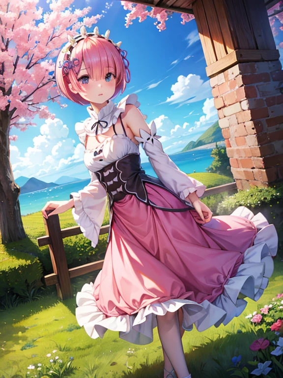 masterpiece, best quality, highres, ram1, 1girl, solo, standing, focus on her ass, back to the viewer, walking up stairs, ram \(re:zero\), pink hair, white thighhighs, short hair, red eyes, hair over one eye, ribbon trim, hair ribbon, x hair ornament, frills, maid headdress, waist apron, garter straps, black ribbon, small breasts, huge ass, huge thighs, narrow waist, wide hips, thick thighs, long sleeves, white ?????, neck ribbon, purple ribbon, wide sleeves, hair flower, skirt that only covers the front, showing underwear, blushing,sweating, (breathing hard), (panting), anime, smile, outdoors, (masterpiece:1.2), highres, best quality, 8k, very clear,