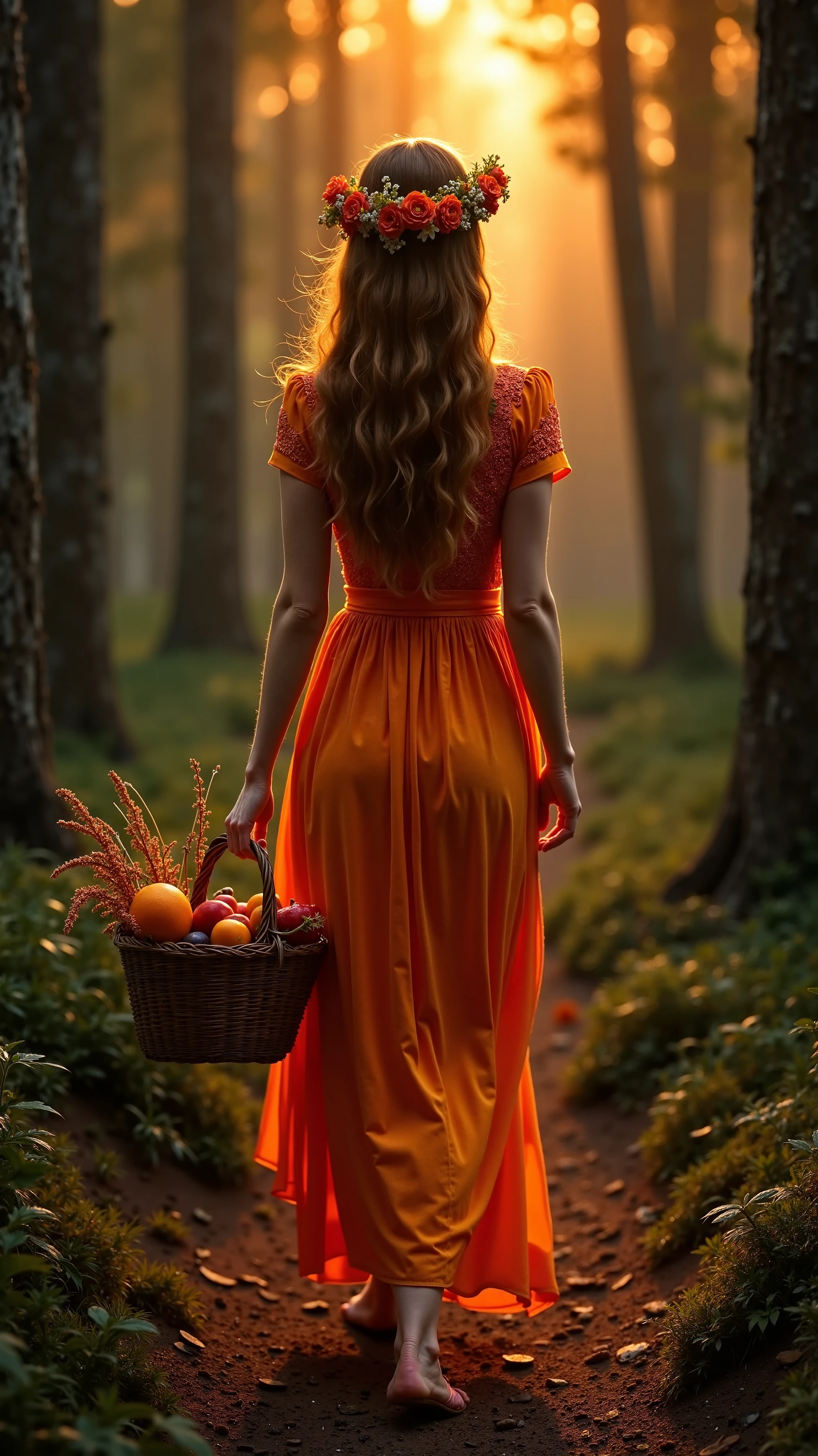 A red-haired girl, 18-years old, crepe dress, returning from the fair, arriving home with vegetables and fruits in the bag. Filtro Foggy, David Hamilton Style.