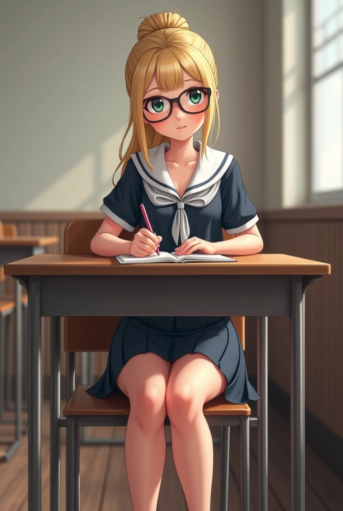 penny peterson, ((best quality)), ((masterpiece)), (detailed), perfect face, classroom, slender 9yo teen girl, (((sitting))), (((legs together, knees bending))), black tie, dark blue shirt, long sleeves,, (((dark grey pleated skirt))), (((white panties))), (((upskirt peak))), skinny thighs, skinny waist, ((shy surprised:1.2)), long hair,blonde hair, blue eyes, hairband