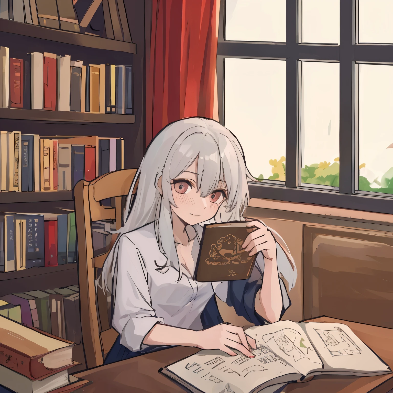 A cozy university philosophy clubroom, with bookshelves filled with philosophical books in the background and soft sunlight streaming through a window. A ite female club leader with short black bobbed hair and glasses sits on a chair, holding an open book. She has a slightly flustered expression with red-tinted cheeks, reflecting her inner embarrassment and strong pride in her knowledge. Her outfit is a neat yet casual style, including a white blouse and dark skirt. Sitting next to her is a calm and confident male freshman, leaning back in his chair with a subtle smile, gazing at her with a warm and friendly demeanor. The atmosphere is serene and intellectual, capturing the unique dynamic between the two characters. Focus on detailed facial expressions and natural lighting for a soft and inviting mood