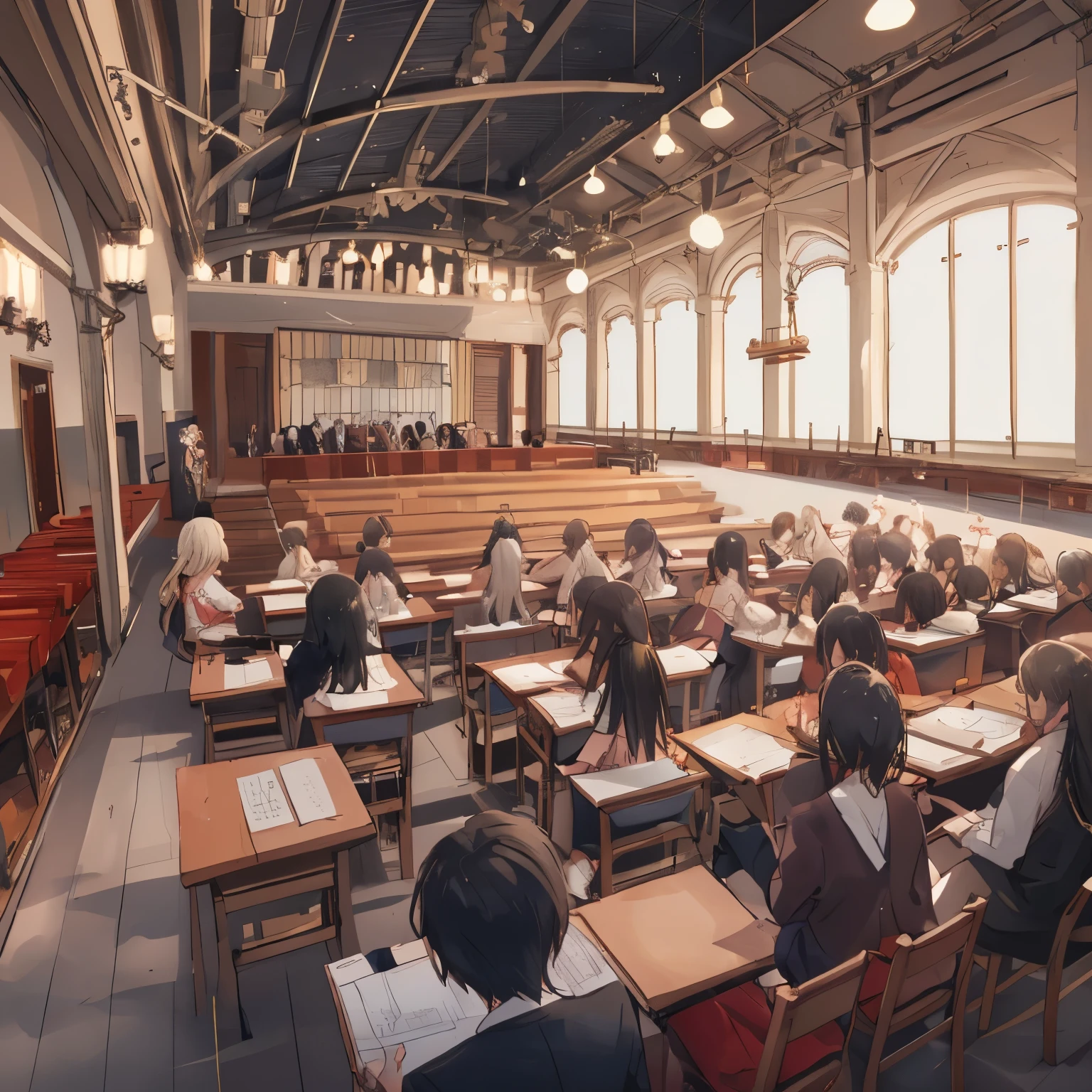 In an ancient Greek-style auditorium, 、 the feminized Epictetus gave a lecture It looks like they're doing 。 with wavy brown hair up to the shoulders 、 a woman with an intelligent and gentle expression 。 has a stone pillar and bookshelf in the background 、 wears a white toga-style costume while holding a parchment scroll in her hand 、 。 has a philosophical and calm atmosphere 、 Soft light illuminates the auditorium through a window where light shines in。 The surroundings depict students listening earnestly, and 、 speaking to the students in a passionate 