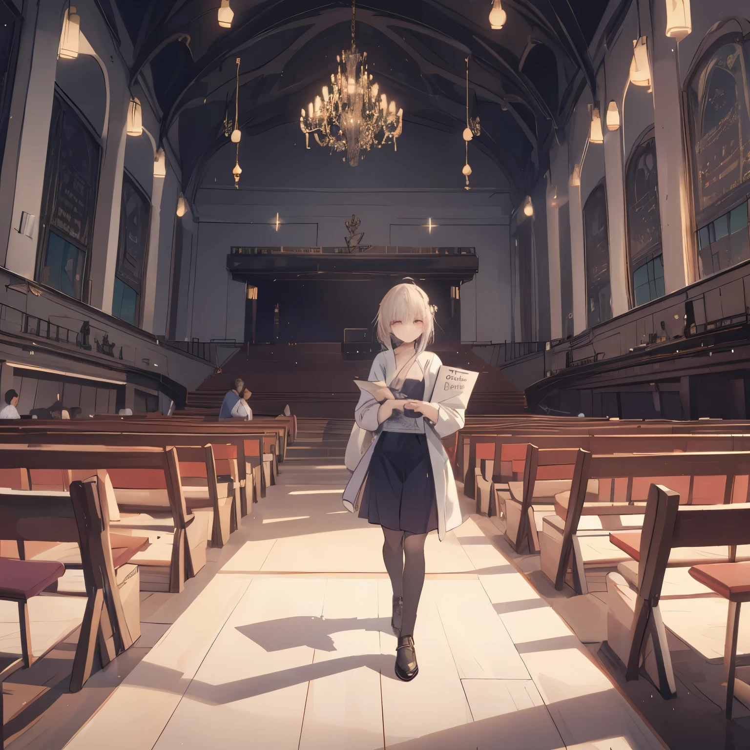 In an ancient Greek-style auditorium, 、 the feminized Epictetus gave a lecture It looks like they're doing 。 with wavy brown hair up to the shoulders 、 a woman with an intelligent and gentle expression 。 has a stone pillar and bookshelf in the background 、 wears a white toga-style costume while holding a parchment scroll in her hand 、 。 has a philosophical and calm atmosphere 、 Soft light illuminates the auditorium through a window where light shines in。 The surroundings depict students listening earnestly, and 、 speaking to the students in a passionate 