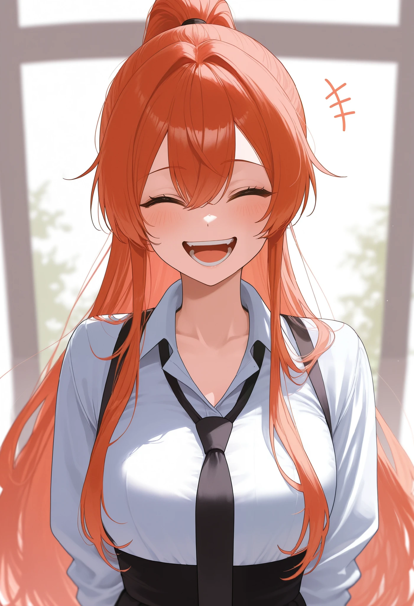 samurai、 tea hair、 long hair with a thin sword、 ponytail laughing at 、Tie