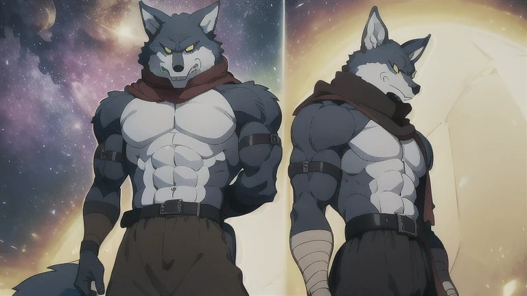Bergamo   _.,    posing for the camera   , Presume. 4k,    High resolution,    the best quality   ,   published in e621  , Alone,    anthropogenic body   ,  man , ,  man , (  Correct muscles    ,    detailed muscles   ,    very muscular, broad chest, pectorals, biceped:1.1),    correct anatomy   ,    correct proportions, Anatomy of the Taran   ,, (Space clouds, galaxy, stars:1.0), (by WFA, por taran fiddler:1.0), (by black:0.8), (shaded cell:1.2),   cartoon shading,  Reliable  , strong, (Long wolf tail  :1.0), (pantalones,   belt:1.1), ( half black :1.2), (Detailed Bergamo   _Eyes of .:1.1), pose strong,    looking at the camera   , scarf, pose strong,     bare chest intense colors,    yellow eyes   ,    fluffy wolf tail    ,  lying down posture    ,    open legs  ,.