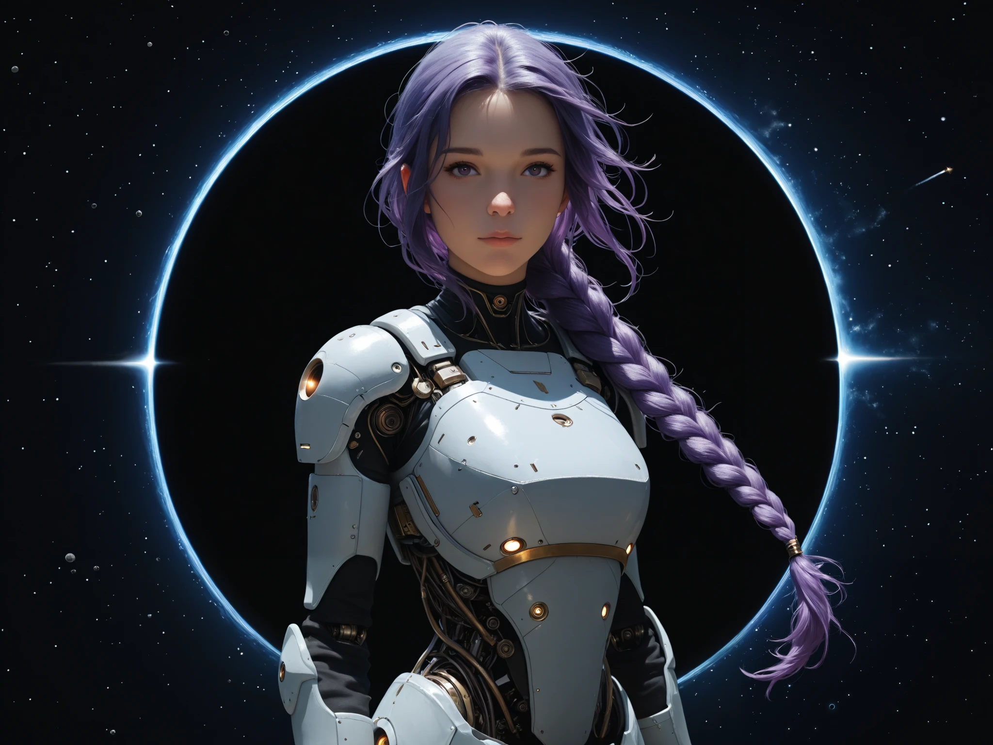 UHD,  masterpiece ,  best quality, 8k,  girl,  18 years,  purple hair , long braid,  beautiful body , sexy,  left arm with robot parts , Chest armor ,  at the edge of the universe , black hole, Stars, best anatomy, moving ,  in the depths of space , left behind , Starsnstaub, realistic lighting