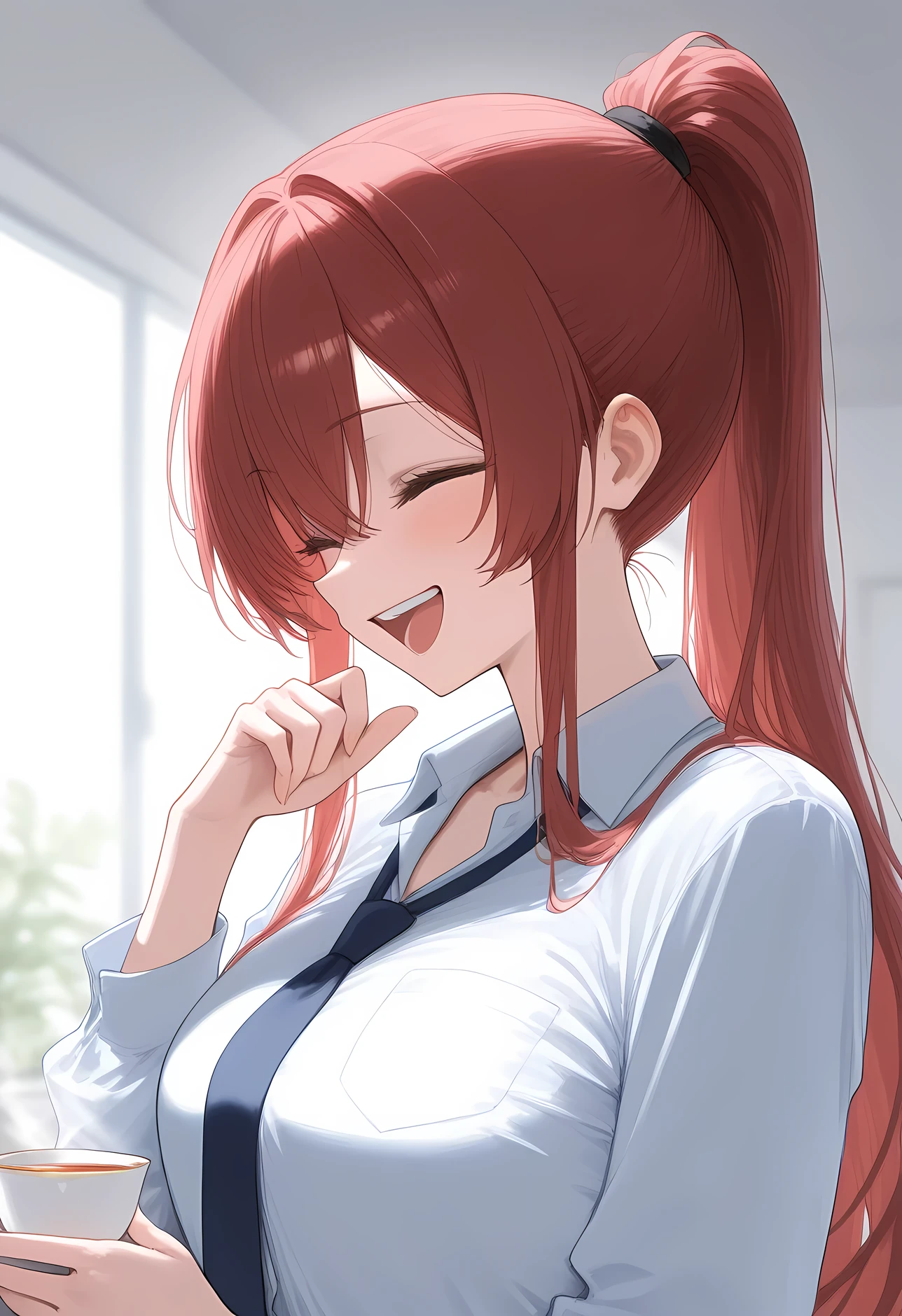 samurai、 tea hair、 long hair with a thin sword、 ponytail laughing at 、Tie