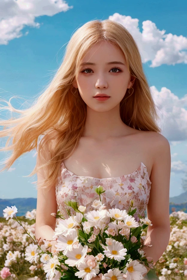 Poetic shots, hazy light and shadow, aestheticism, melancholic film, 1 girl, blonde hair, hair of many colors, emotional depth, white dress, flowers, flower fields, roses, blooming, looking at the camera, being in a sea of flowers, looking into the camera