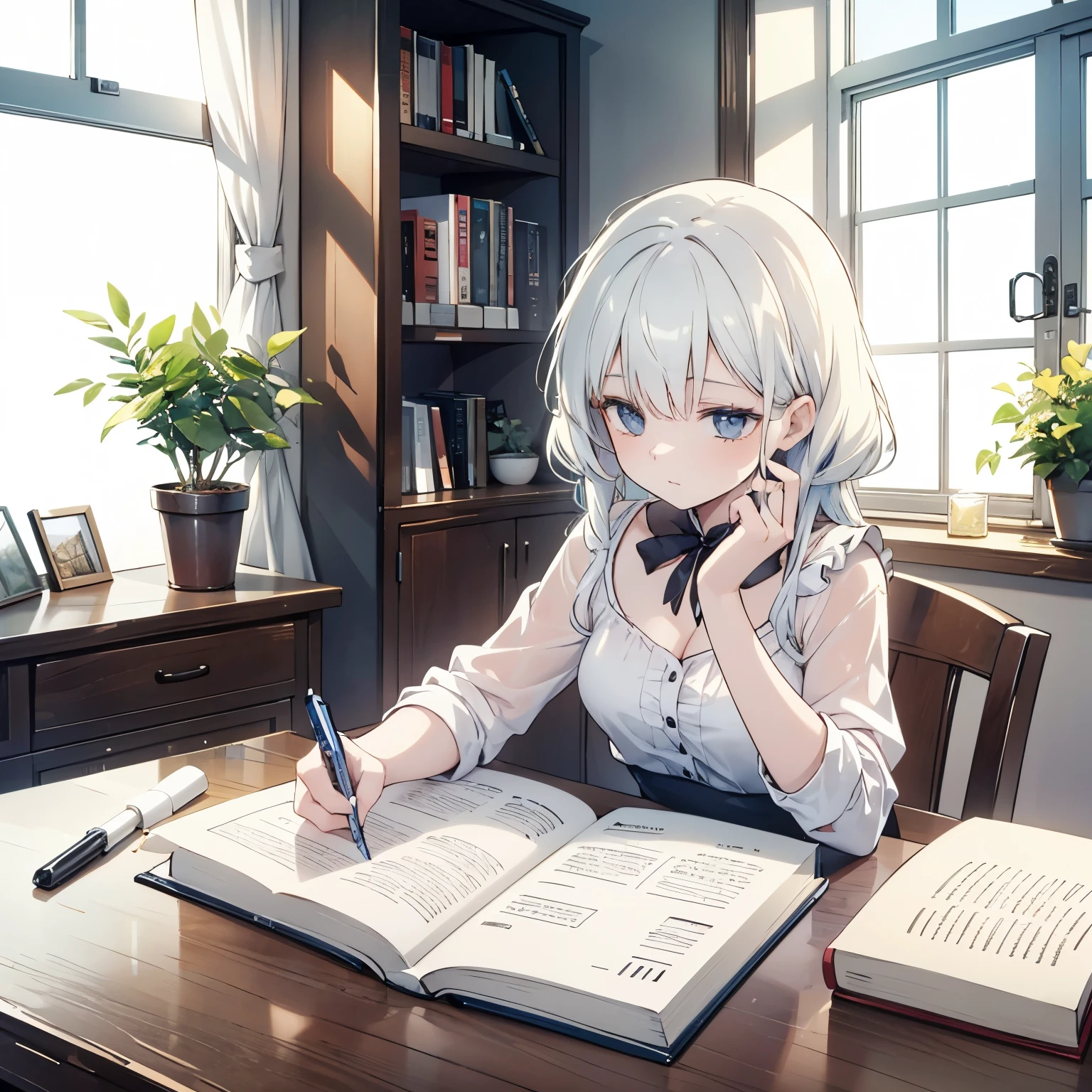 A young woman named Sophia sits by a wooden table at the end of the day, writing in her diary under the warm glow of a candle. She has a thoughtful and calm expression, reflecting on the day's events. The room is cozy, with simple wooden furniture, shelves filled with jars and books, and a small window showing a rainy night outside. In the background, a glimpse of a small, tidy home with tools and plants hints at her hardworking nature. The atmosphere is serene and reflective, capturing the transformation brought by wisdom and mindfulness
