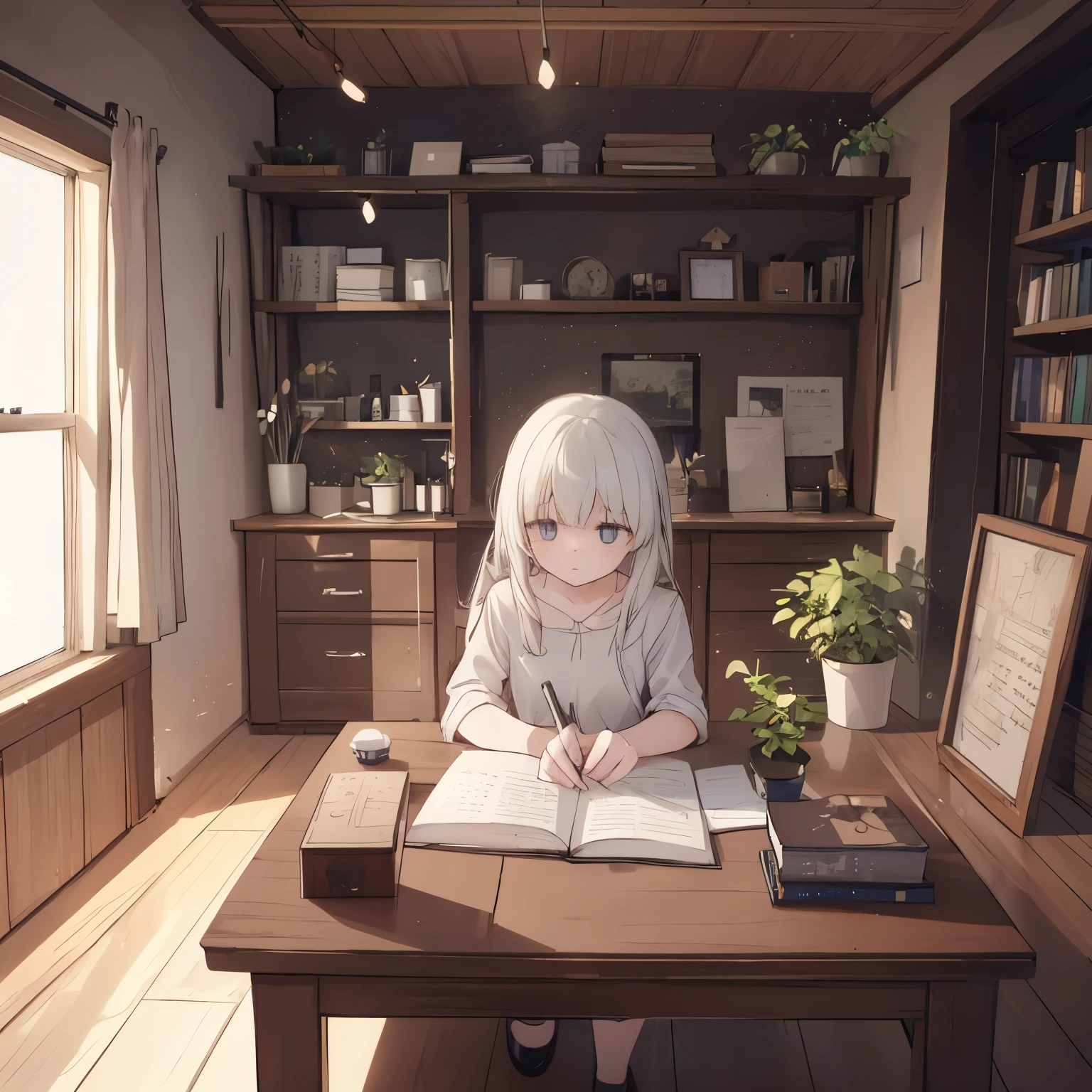 A young woman named Sophia sits by a wooden table at the end of the day, writing in her diary under the warm glow of a candle. She has a thoughtful and calm expression, reflecting on the day's events. The room is cozy, with simple wooden furniture, shelves filled with jars and books, and a small window showing a rainy night outside. In the background, a glimpse of a small, tidy home with tools and plants hints at her hardworking nature. The atmosphere is serene and reflective, capturing the transformation brought by wisdom and mindfulness