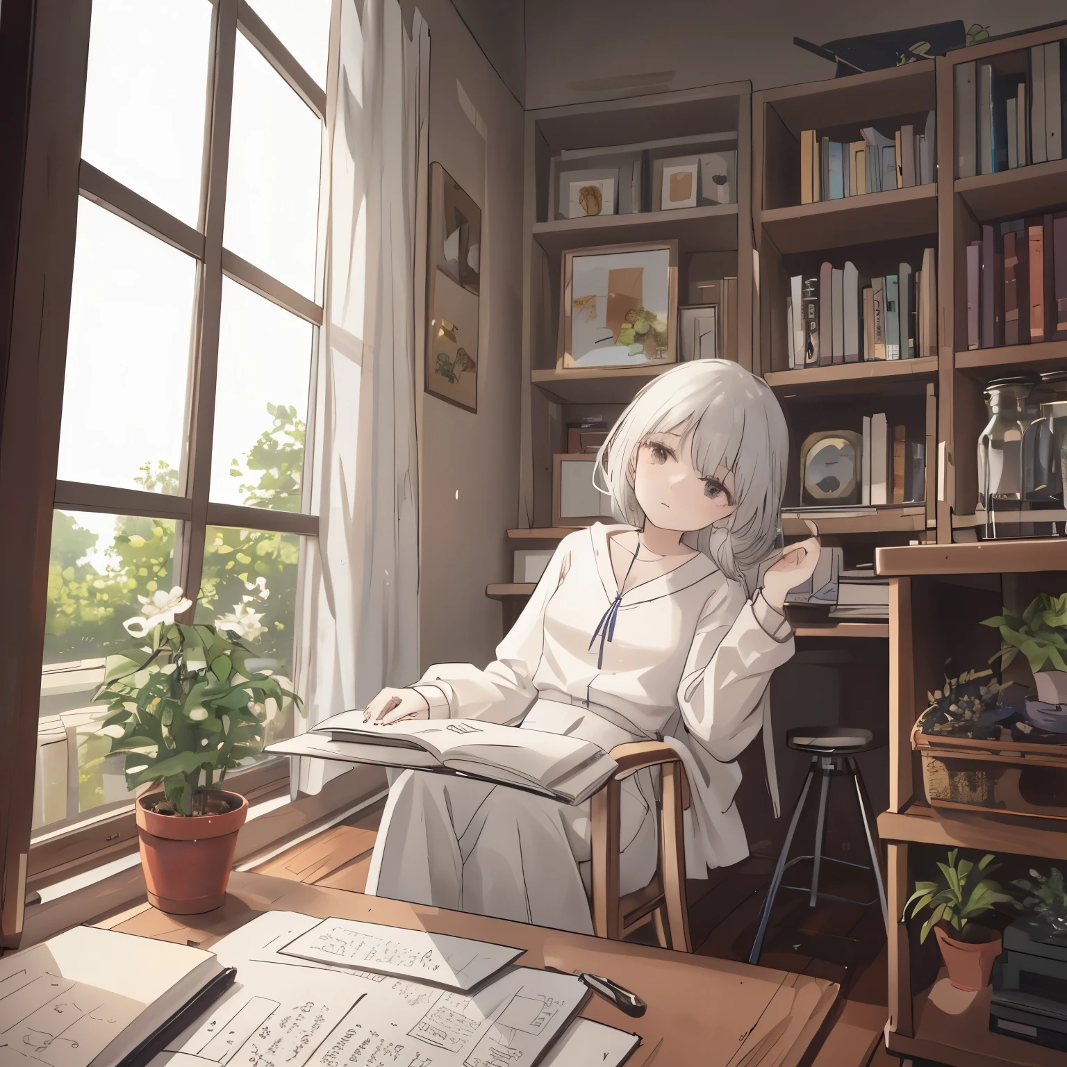 A young woman named Sophia sits by a wooden table at the end of the day, writing in her diary under the warm glow of a candle. She has a thoughtful and calm expression, reflecting on the day's events. The room is cozy, with simple wooden furniture, shelves filled with jars and books, and a small window showing a rainy night outside. In the background, a glimpse of a small, tidy home with tools and plants hints at her hardworking nature. The atmosphere is serene and reflective, capturing the transformation brought by wisdom and mindfulness