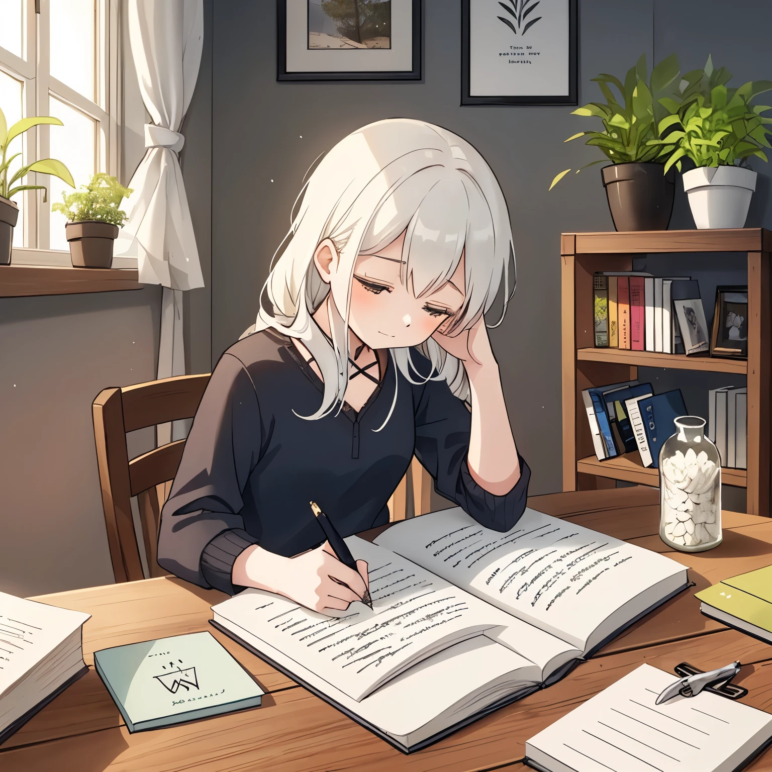 A young woman named Sophia sits by a wooden table at the end of the day, writing in her diary under the warm glow of a candle. She has a thoughtful and calm expression, reflecting on the day's events. The room is cozy, with simple wooden furniture, shelves filled with jars and books, and a small window showing a rainy night outside. In the background, a glimpse of a small, tidy home with tools and plants hints at her hardworking nature. The atmosphere is serene and reflective, capturing the transformation brought by wisdom and mindfulness
