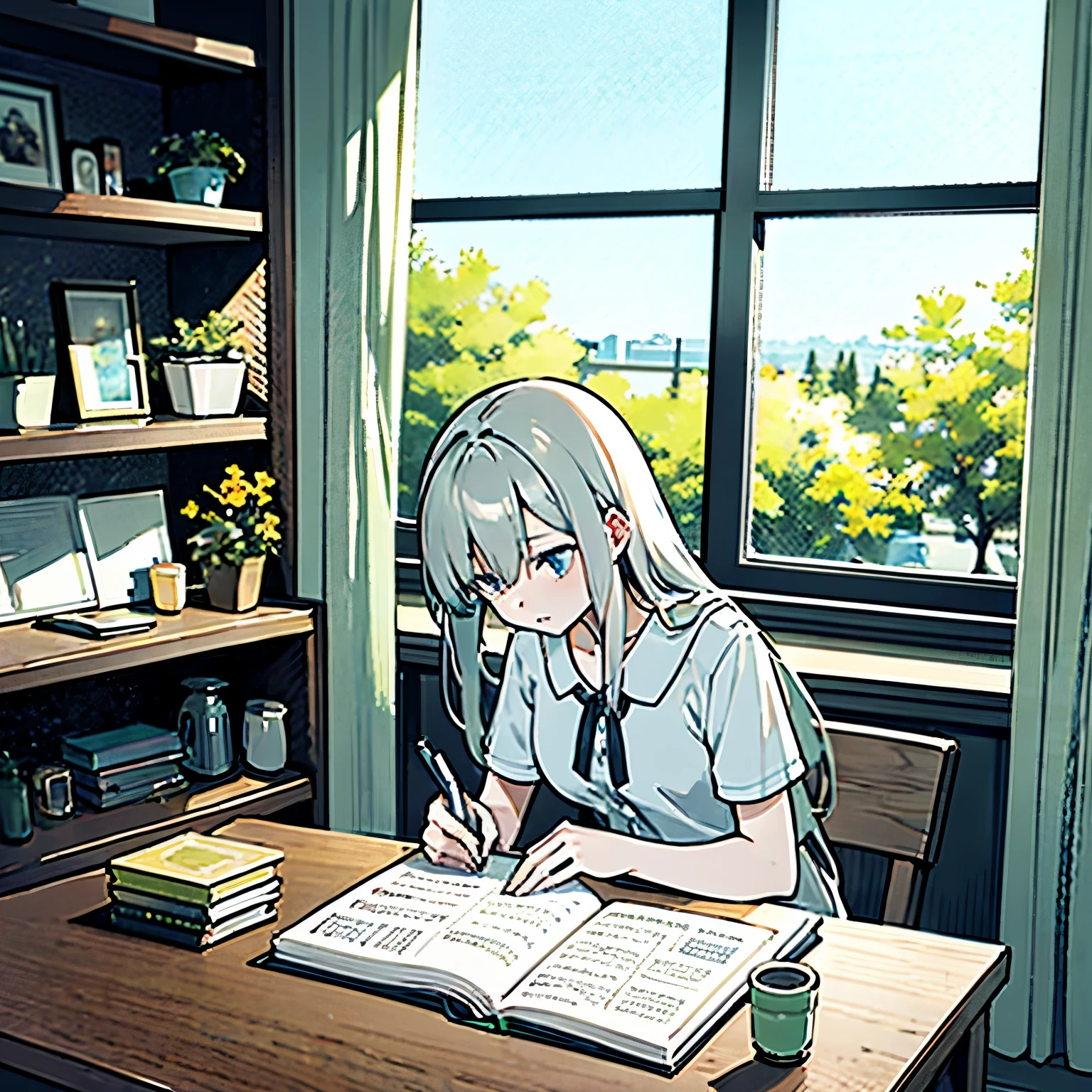 A young woman named Sophia sits by a wooden table at the end of the day, writing in her diary under the warm glow of a candle. She has a thoughtful and calm expression, reflecting on the day's events. The room is cozy, with simple wooden furniture, shelves filled with jars and books, and a small window showing a rainy night outside. In the background, a glimpse of a small, tidy home with tools and plants hints at her hardworking nature. The atmosphere is serene and reflective, capturing the transformation brought by wisdom and mindfulness