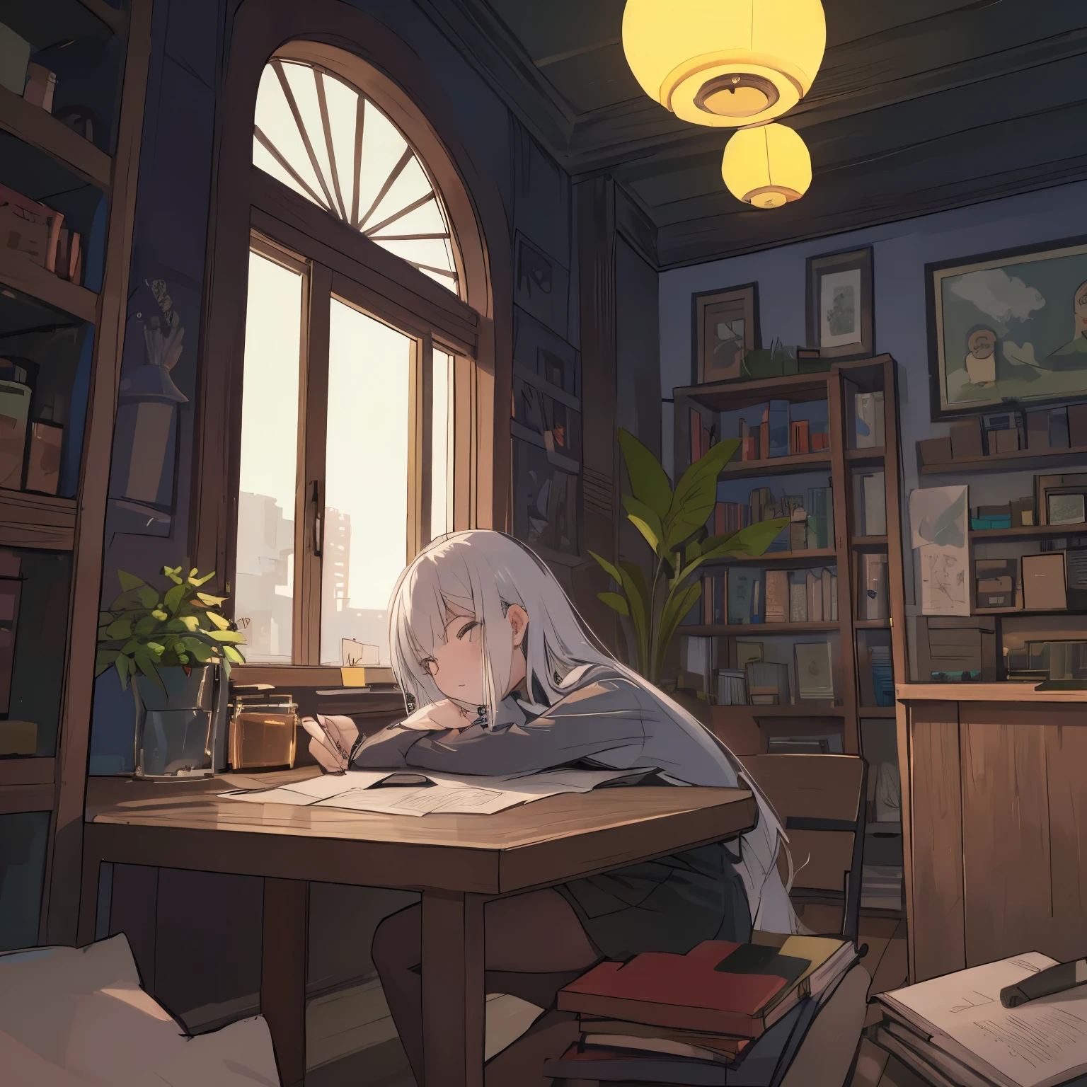 A young woman named Sophia sits by a wooden table at the end of the day, writing in her diary under the warm glow of a candle. She has a thoughtful and calm expression, reflecting on the day's events. The room is cozy, with simple wooden furniture, shelves filled with jars and books, and a small window showing a rainy night outside. In the background, a glimpse of a small, tidy home with tools and plants hints at her hardworking nature. The atmosphere is serene and reflective, capturing the transformation brought by wisdom and mindfulness
