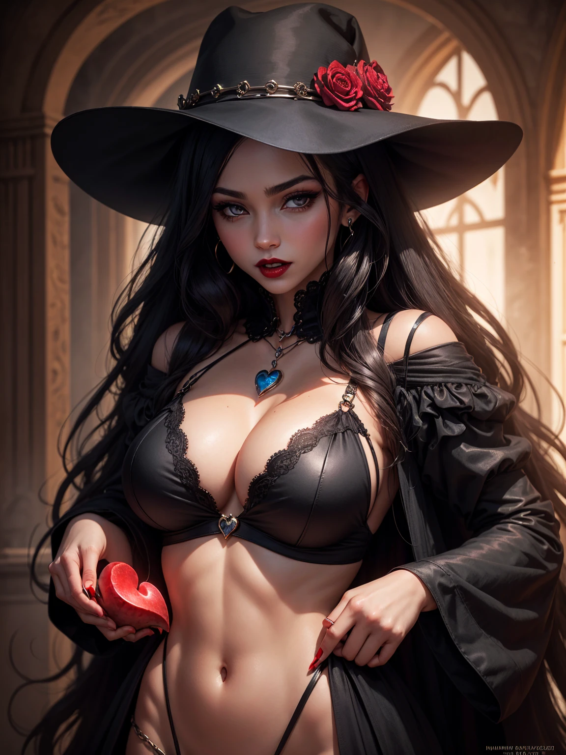 Anime girl with a hat and a rose in her hair, Albedo do anime Overlord, shalltear from overlord, albedo, Overlord, Gapmoe Yandere Grimdark, Retrato Gapmoe Yandere Grimdark, menina anime demon, shalltear bloodfallen, personagem bruxa escura, bruxa escura da moda, menina bruxa, Bruxa das Trevas,  Perfect lips, pele de porcelana, HDR, UHD, 64 mil, studio lighting, realista, hyper realistic, simetrical face, Motor irreal, Bokeh, high - resolution scan