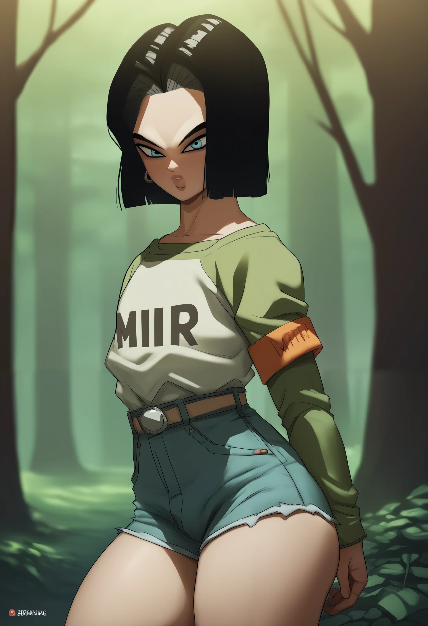 (Xrangerx:1.0),( score_9,score_8_up, android_17, femboy, 1boy, score_7_up:1.4), forest backround, plump lips, source_anime, in city, portrait, feminine body, bootyshorts, wide hips, thick thighs, big ass, looking for a viewer,  extremely detailed,
