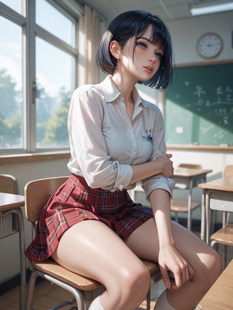 In the classroom,A male teacher in a hip-wrapped skirt sits on the podium