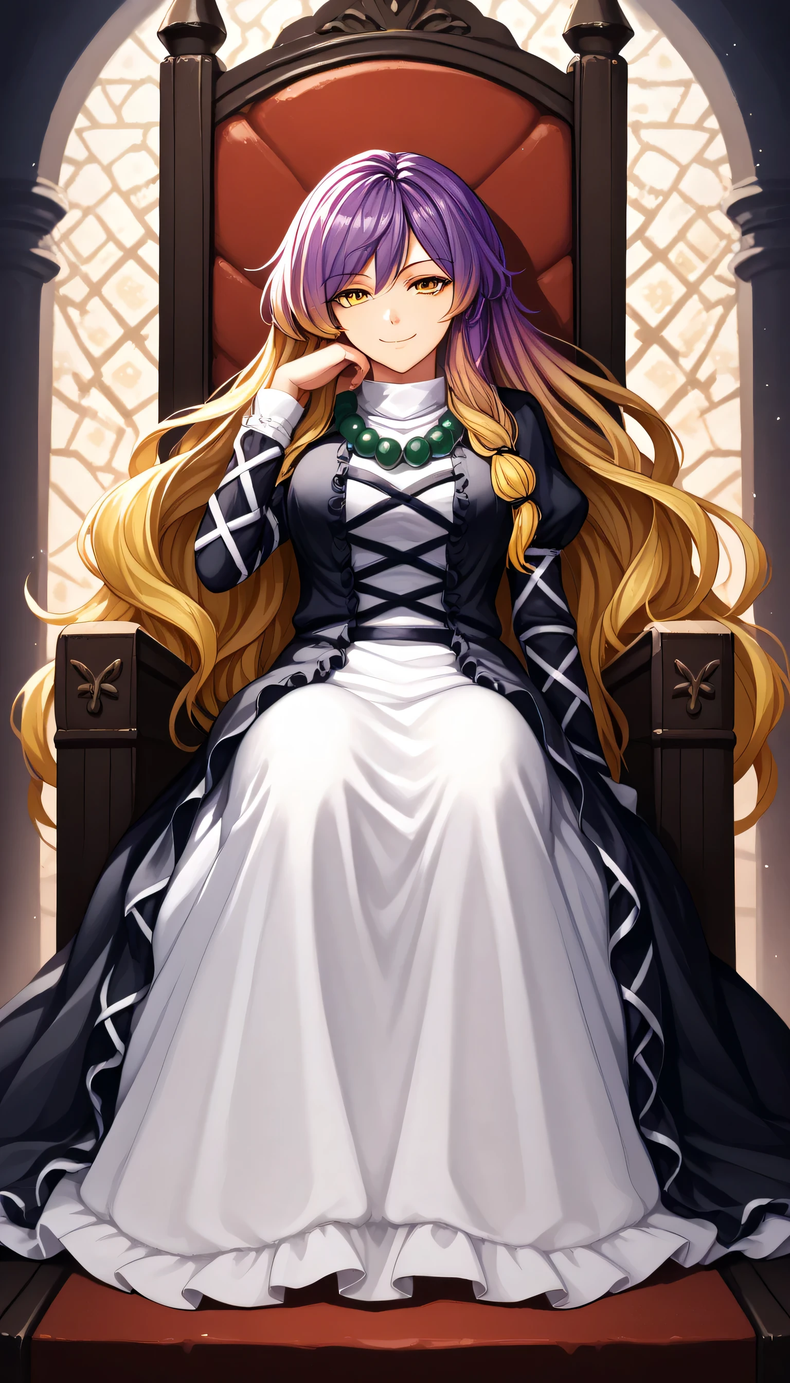 1girls, solo, female_focus, , sitting, , throne, , , looking_at_viewer, eye_of_horus, , , ,, smile, chain, closed_mouth, , , traditional_media, ,head_rest, Touhou Lost Word Style,hijiri_byakuren
purple hair, blonde hair, two-tone hair, gradient hair, long sleeves, black dress, white dress, layered dress, cross-laced clothes, long hair, yellow eyes, bead necklace