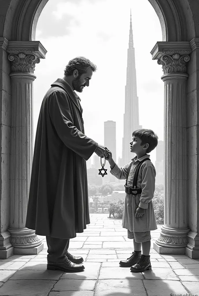 I want an engraving type drawing ,where the time traveler is seen entering through a portal door and seeing his childhood version .
I want the traveler to hand the child the Star of David necklace , so that the pyramids of Egypt can be seen in the background, torre ifel, Tokyo, israel