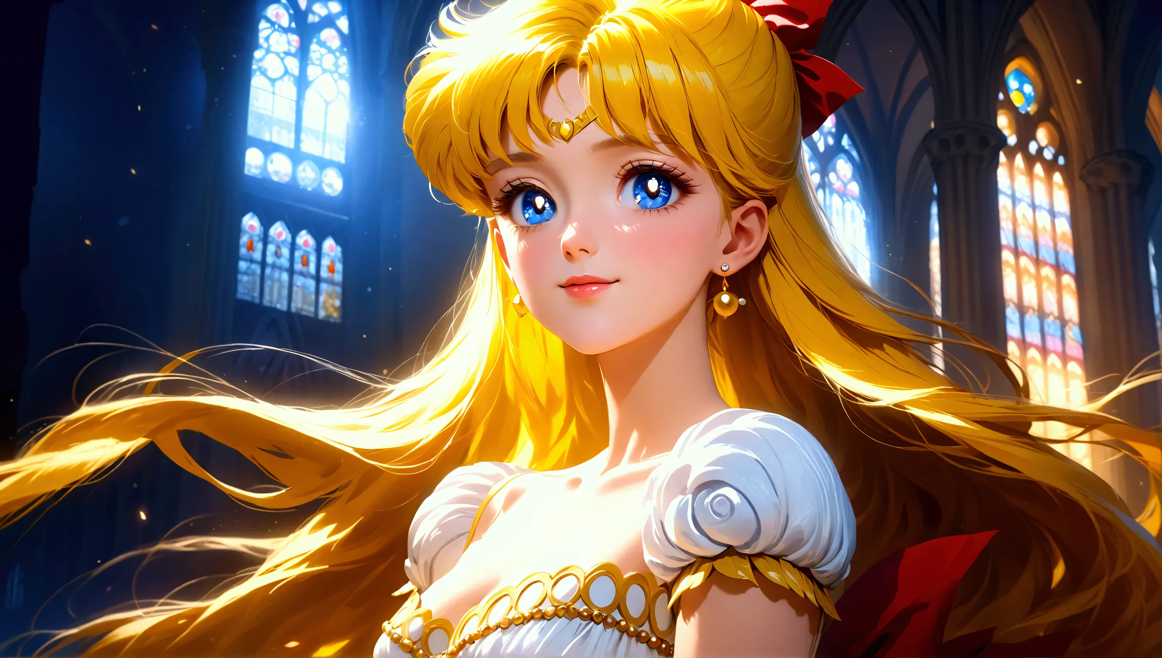 (masterpiece, best quality, very aesthetic, ultra detailed), intriguing details , 4K, aavenus, mature woman, long hair, blonde hair, hair crown, earrings, blue eyes, small breasts, smile, white dress, cleavage, puffy short sleeves, black night, cathedral, looking at camera, posing, close up) (detailed eyes) , (aesthetic body), (realism), (ultra sharp, textured skin, beautiful detailed face, dynamic lighting, dynamic shadow, Super Detailed, UHD, 4k)