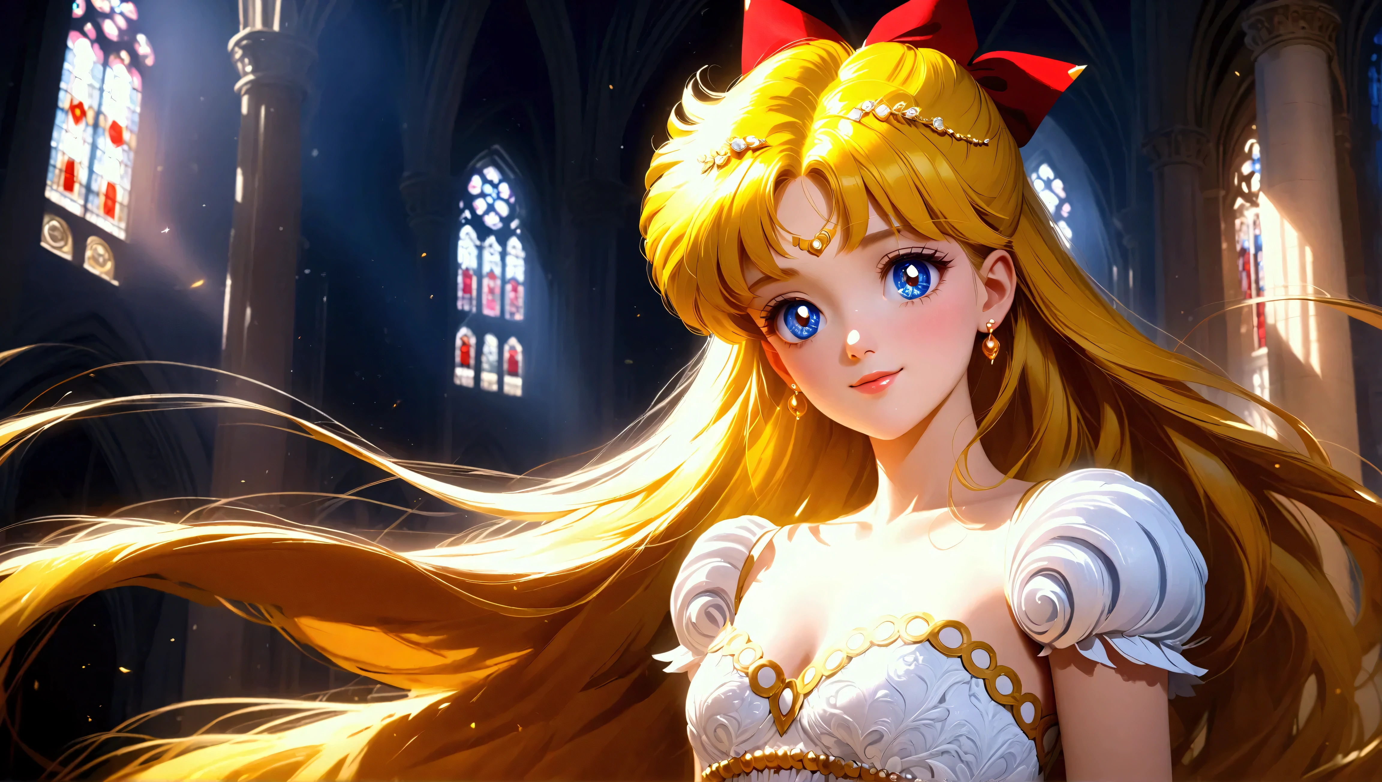 (masterpiece, best quality, very aesthetic, ultra detailed), intriguing details , 4K, aavenus, mature woman, long hair, blonde hair, hair crown, earrings, blue eyes, small breasts, smile, white dress, cleavage, puffy short sleeves, black night, cathedral, looking at camera, posing, close up) (detailed eyes) , (aesthetic body), (realism), (ultra sharp, textured skin, beautiful detailed face, dynamic lighting, dynamic shadow, Super Detailed, UHD, 4k)