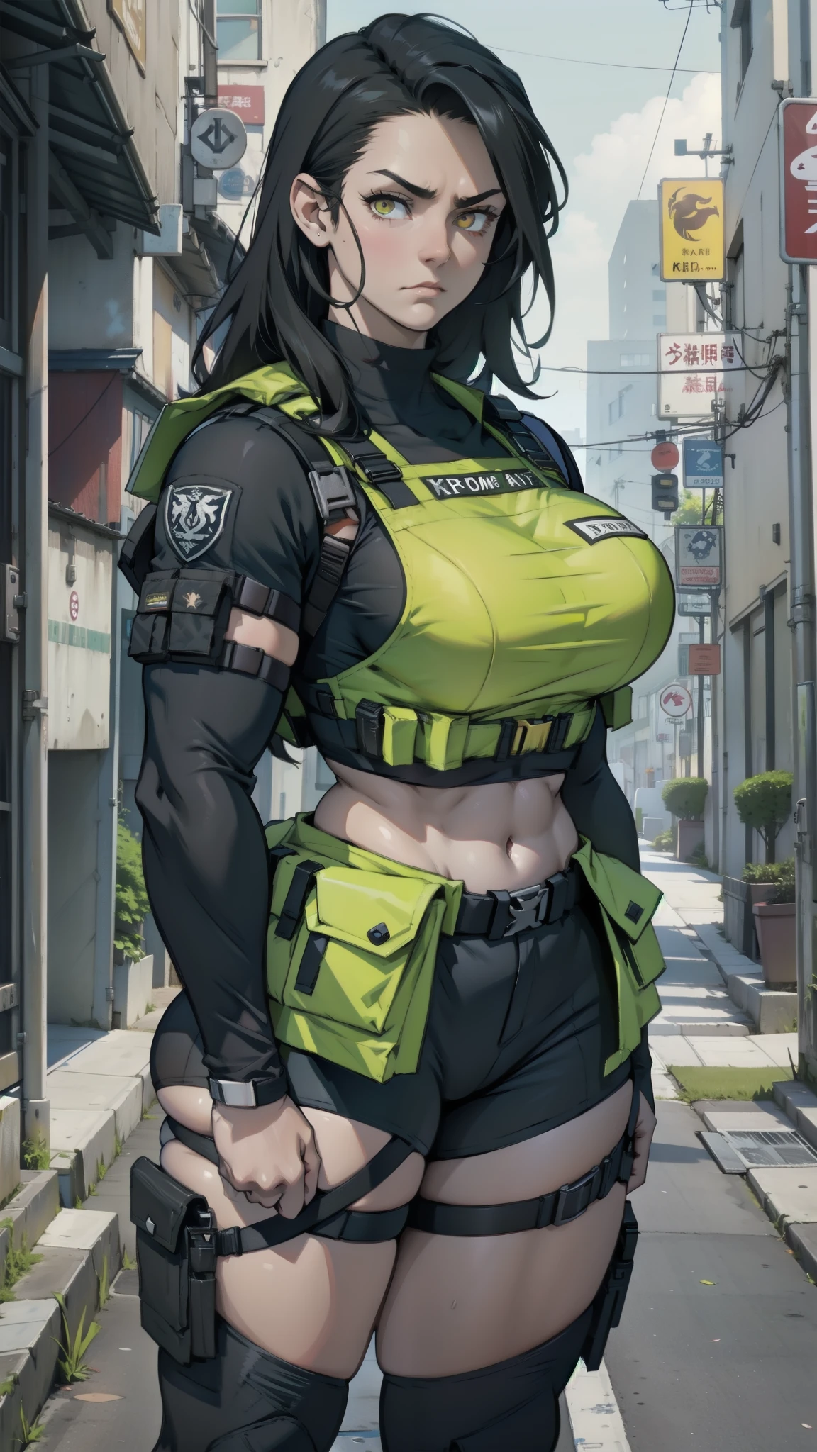 angry (tactical clothes) muscular thick thighs huge breasts pale skin black hair yellow eyes girl ((female bulge))