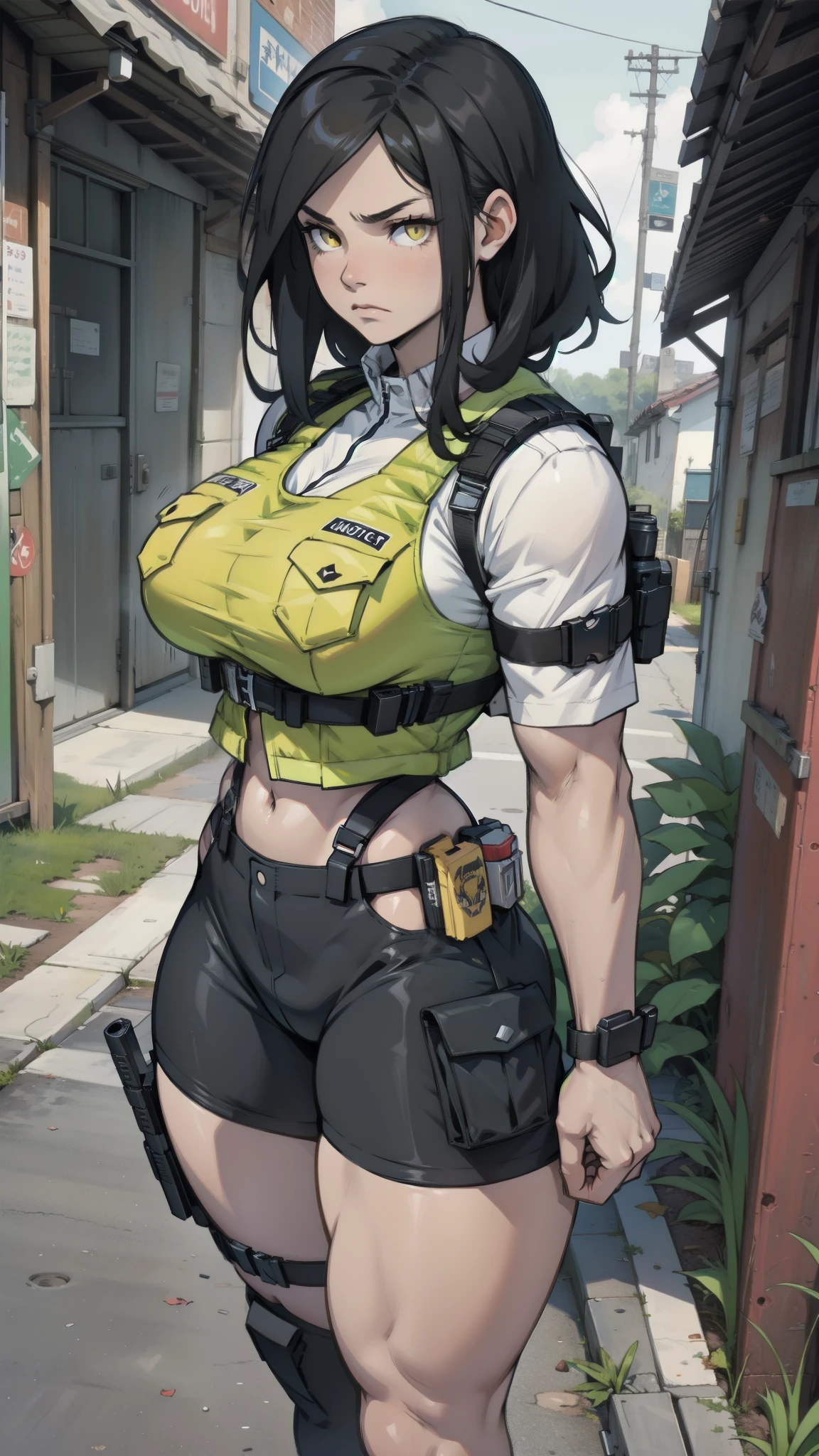 dirty female elf mechanic, 1girl, (solo:1.5), full body shot, busty boobs, wearing only an overall, black hair, yellow eyes , muscular arms, glasses, hair in a messy bun