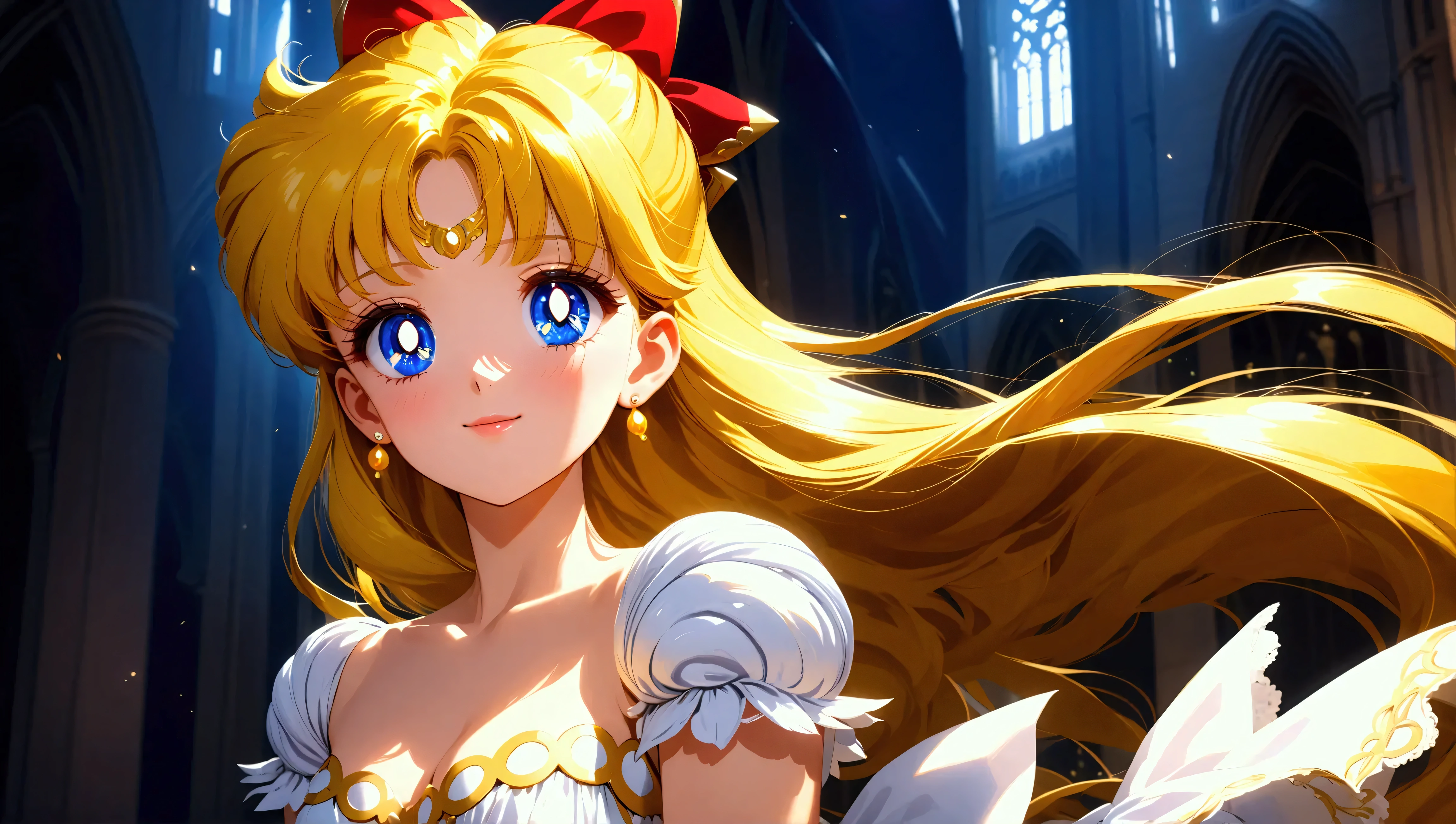 (masterpiece, best quality, very aesthetic, ultra detailed), intriguing details , 4K, aavenus, mature woman, long hair, blonde hair, hair crown, earrings, blue eyes, small breasts, smile, white dress, cleavage, puffy short sleeves, black night, cathedral, looking at camera, posing, close up) (detailed eyes) , (aesthetic body), (ultra sharp, textured skin, beautiful detailed face, dynamic lighting, dynamic shadow, Super Detailed, UHD, 4k)