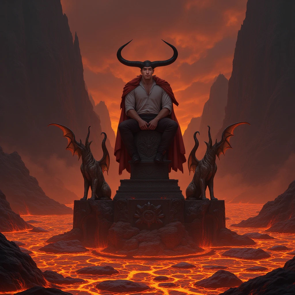 (ultra high quality) (4k) (perfect details) A Monster with a pumpkin head sitting on a throne, he is on top of a fabulous castle, the castle shines like the stars and has a beautiful color, this castle is located in a kind of paradise, a very beautiful place, however chaotic, the monster has an orange staff that has so much power that only he is capable of holding it
