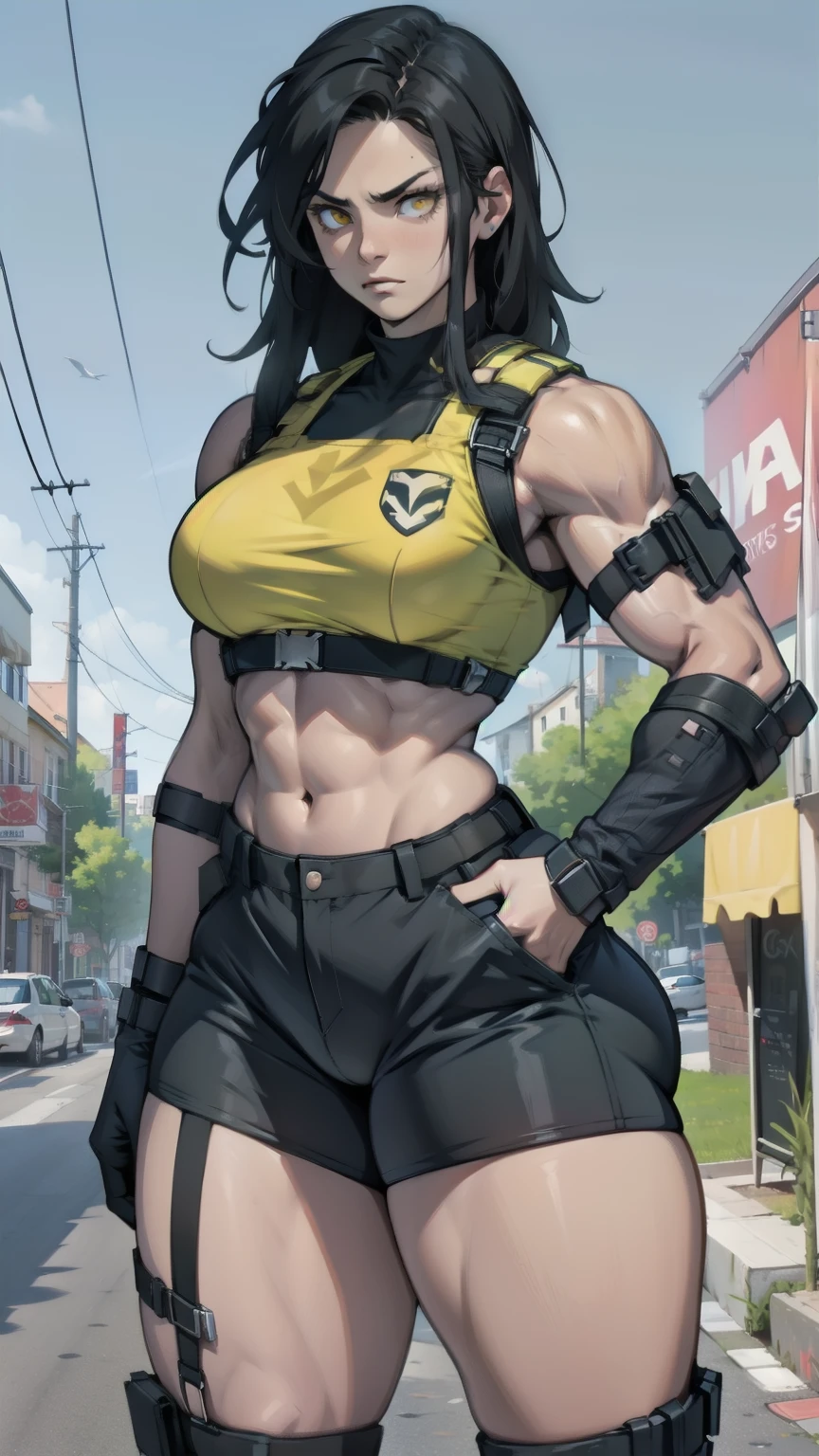 muscular girl thick muscular girl thick black hair yellow eyes pale sad pale tactical pale skin holster