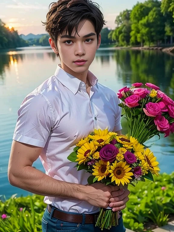 arafed image of a Asian man, in the car with flowers behind, lying on white flowers, poetic colors, view from the front of the car to the back of the car, sitting on pink and white flowers, covered with white flowers flowers, there are many flowers around, covered with flowers, sitting with flowers and leaves, full of flowers, 3 pm. there is sunlight, the guy is shirtless, big and round chest, big, toned body, strong body. white underwear, showing his abs. big Detailed photos, no errors, true colors, fanciful, clear details without illusion